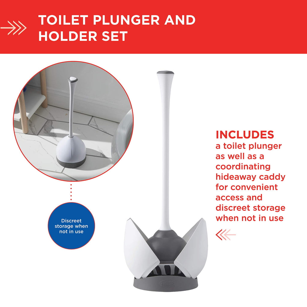 Clorox Toilet Plunger with Hideaway Storage Caddy, White/Gray