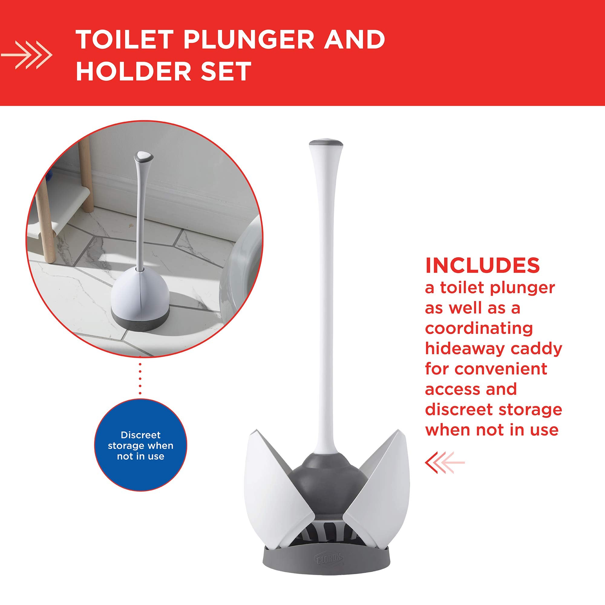 Clorox Toilet Plunger with Hideaway Storage Caddy, White/Gray