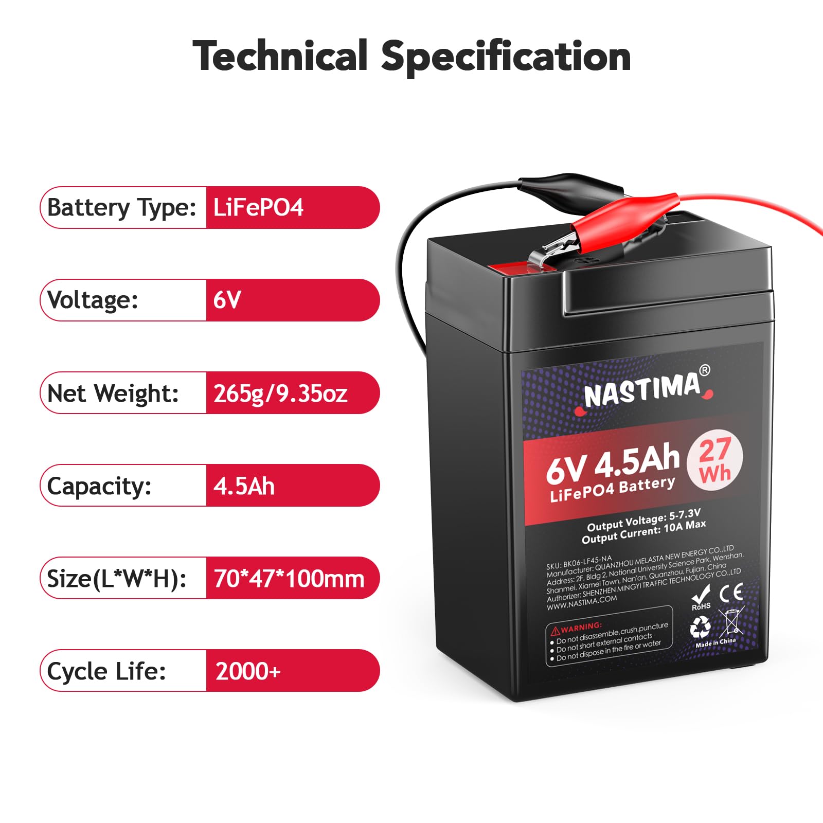 NASTIMA 6V 4.5Ah Rechargeable Lithium Iron Phosphate Battery, 2000+ Cycles LiFePO4 Battery Pack for Emergency Light, Lantern, Kids Ride On Car, Deer Game Feeder