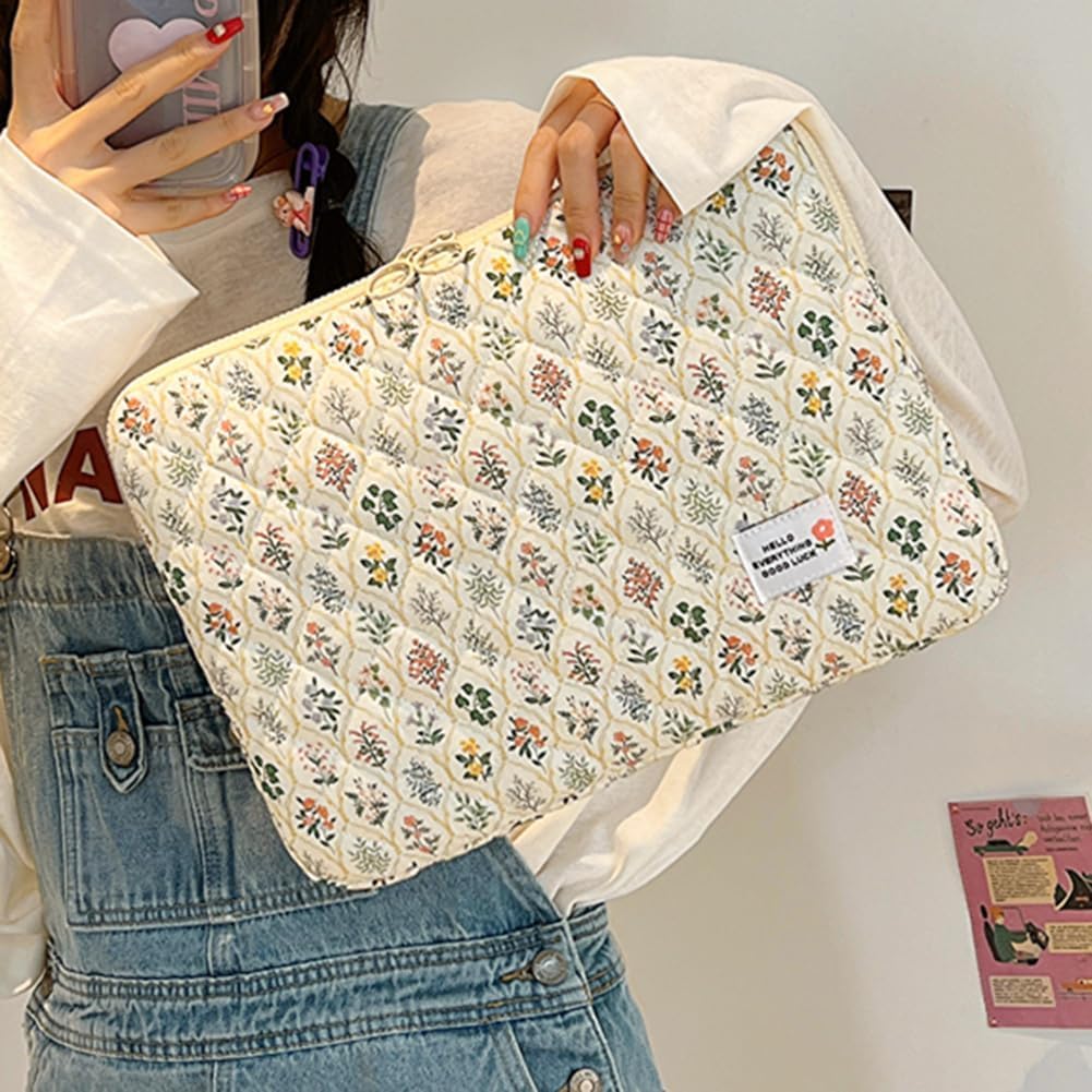 HICARRY Cute Puffy Laptop Sleeve Aesthetic Flower Print Quilted Laptop Case Puffer Cute Laptop Protective Case