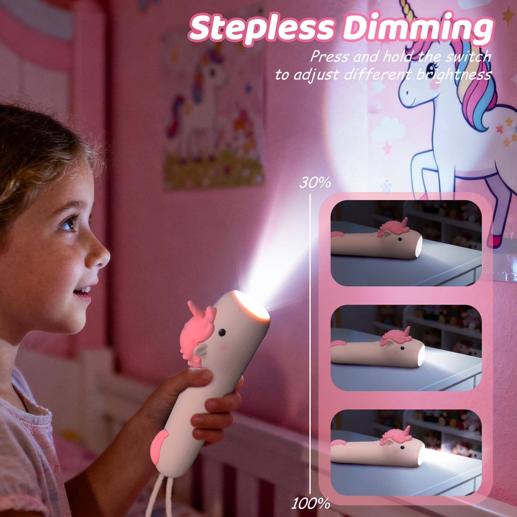 Ammonite Cute Unicorn Dimmable Silicone Flashlight, Portable Animal Flashlights with Hanging Strap, Compact Rechargeable Camping Light for Hiking Emergencies and Outdoor Use