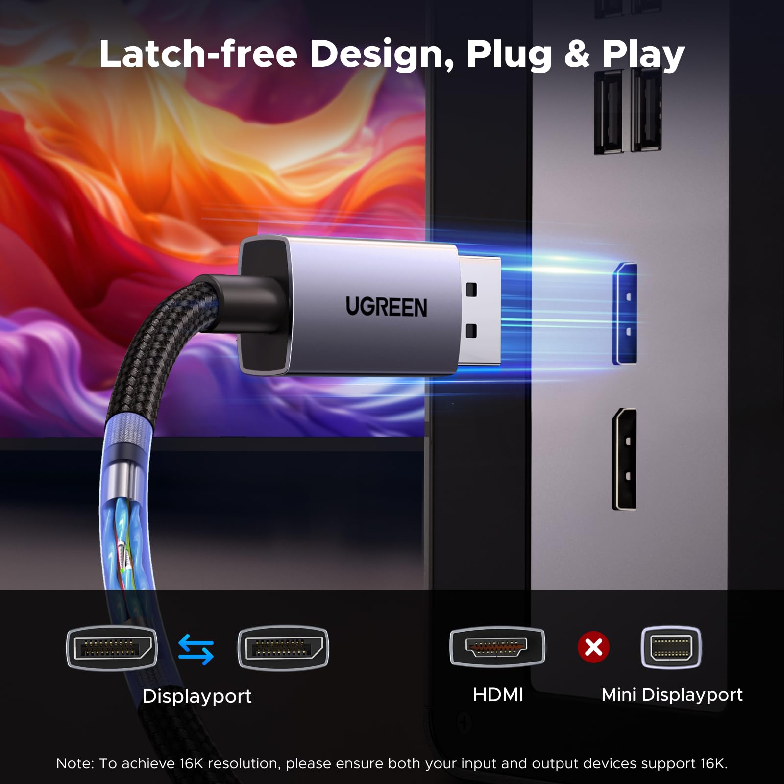 UGREEN 16K@60Hz Displayport Cable 2.1, 80Gbps DP Cable 8K@240Hz 4K@480Hz Aluminum Video Display Port Cord, HDR, HDCP2.3, DSC1.2a, FreeSync, G-Sync, Compatible Monitor, PC, HDTV, 9.9FT