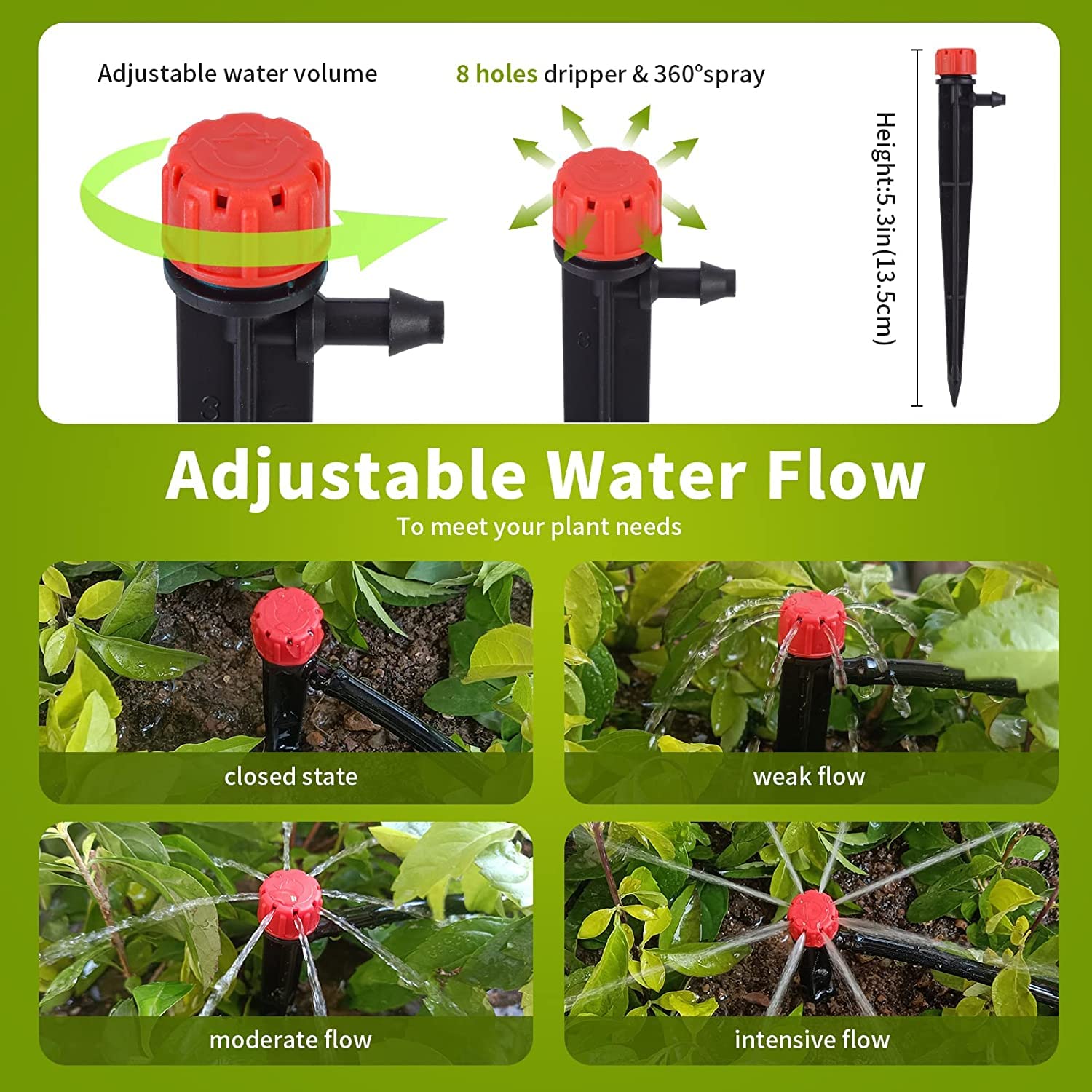 Hakioi 100 pcs Drip Emitters for 1/4 inch Drip Irrigation Tubing 360 Degree Adjustable Water Flow Irrigation Emitters Drippers for Drip Irrigation Irrigation Drip Heads for Flower Plant