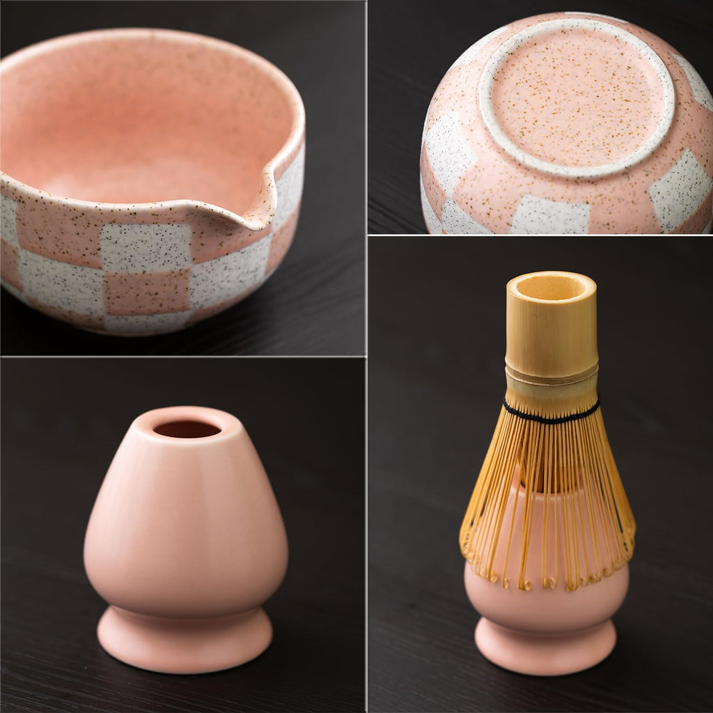 7pcs Traditional Matcha Tea Ceremony Set, Purple Ceramic Bowl with Bamboo Whisk, Holder and Strainer (Pink grid)