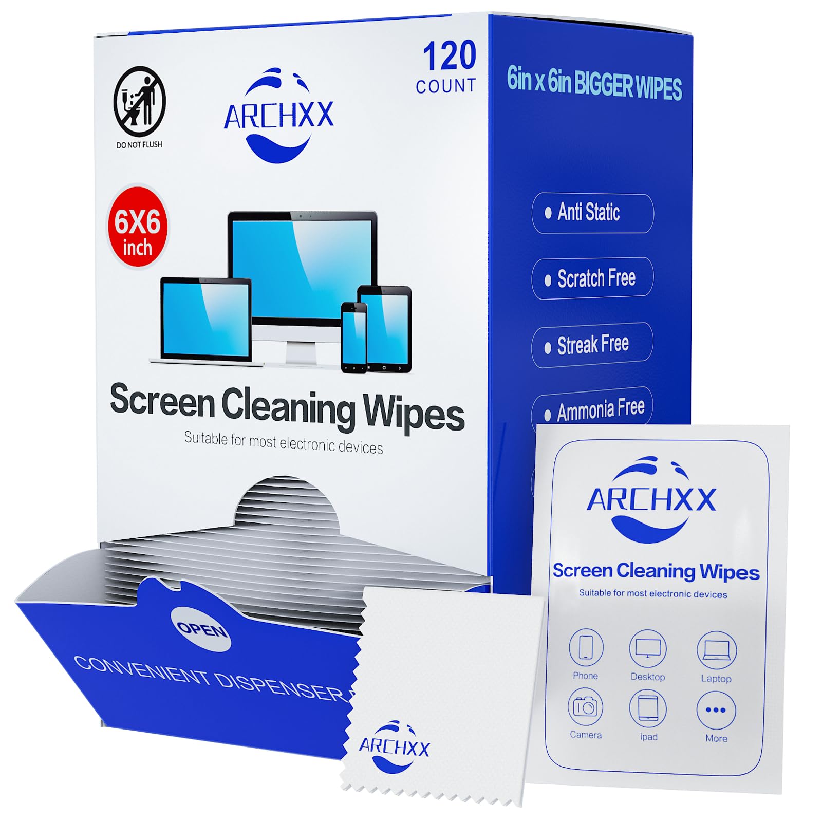 Screen Wipes for Electronics, 120 Count 6"×6" 15×15cm Pre-Moistened Screen Cleaner for Screens, Computer,Laptop,Tablet,Phone,Monitor,Car Screen Cleaner, Lens Wipes Individually Wrapped