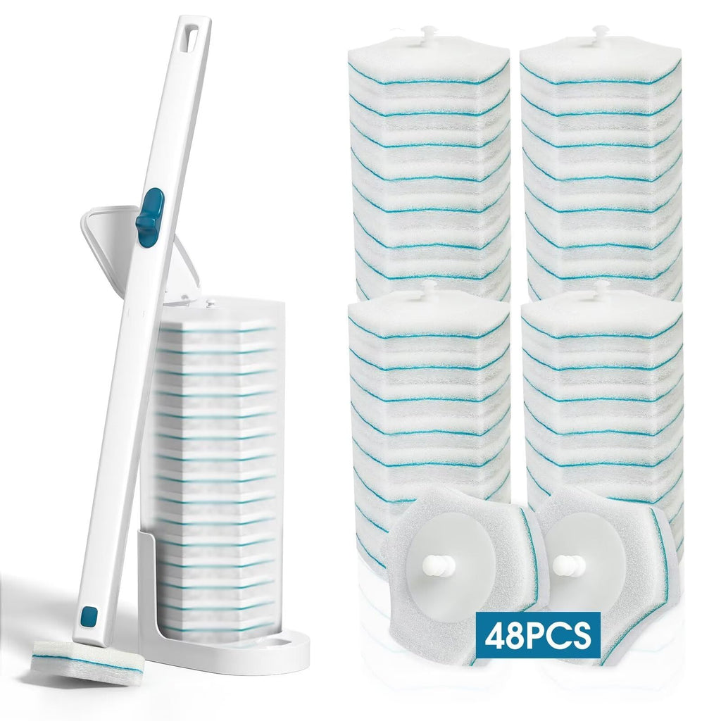 Disposable Toilet Brush with 48 PCS Toilet Refills, Disposable Toilet Cleaning System- Toilet Brushs, Storage Caddy and 48 Toilet Bowl Brush Refill Heads for Bathroom Cleaning
