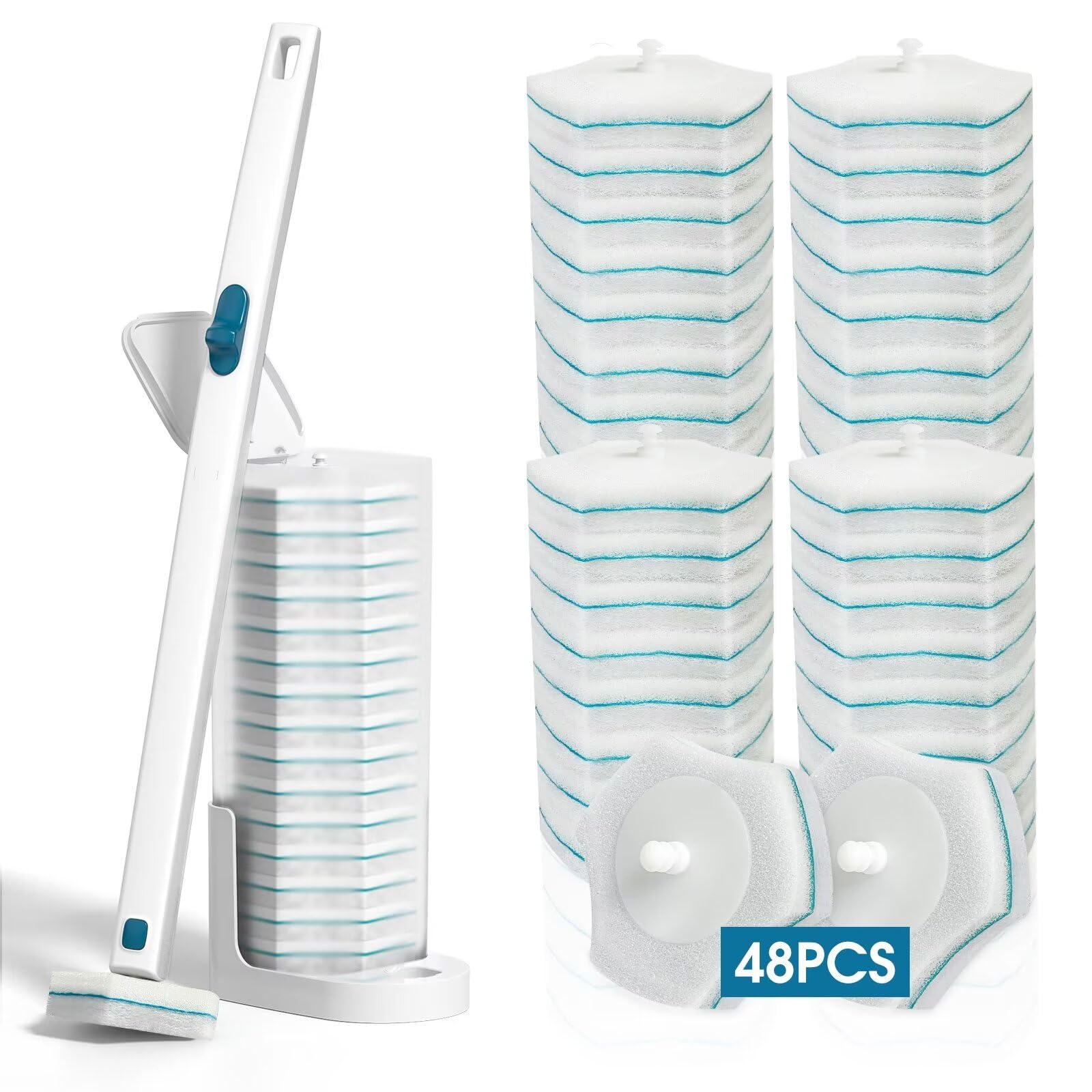 Disposable Toilet Brush with 48 PCS Toilet Refills, Disposable Toilet Cleaning System- Toilet Brushs, Storage Caddy and 48 Toilet Bowl Brush Refill Heads for Bathroom Cleaning