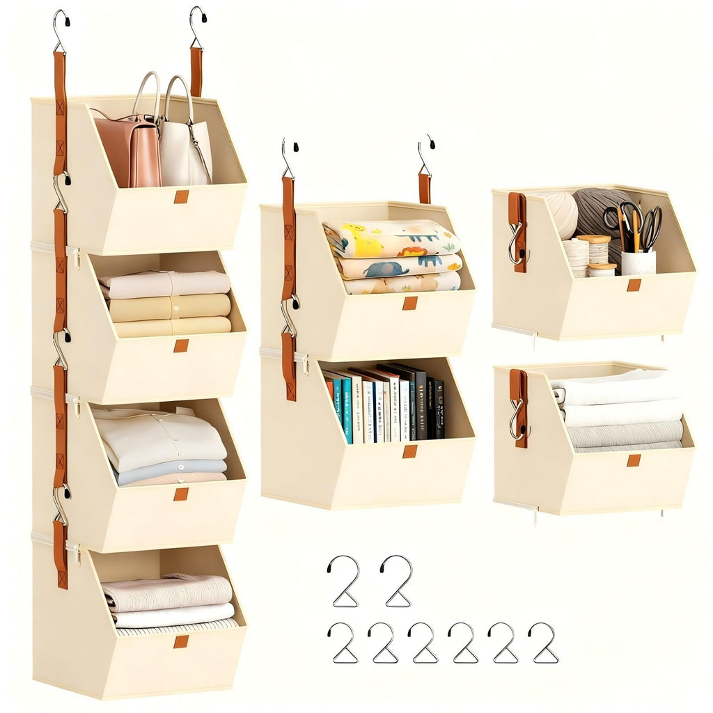 DIMJ Hanging Closet Organizer 4 Tier - Detachable Clothes Shelf Storage Modular Closet System, Fabric Storage Bins Bedroom Organization, Collapsible Baskets for Home, Dorm, Rv - Beige