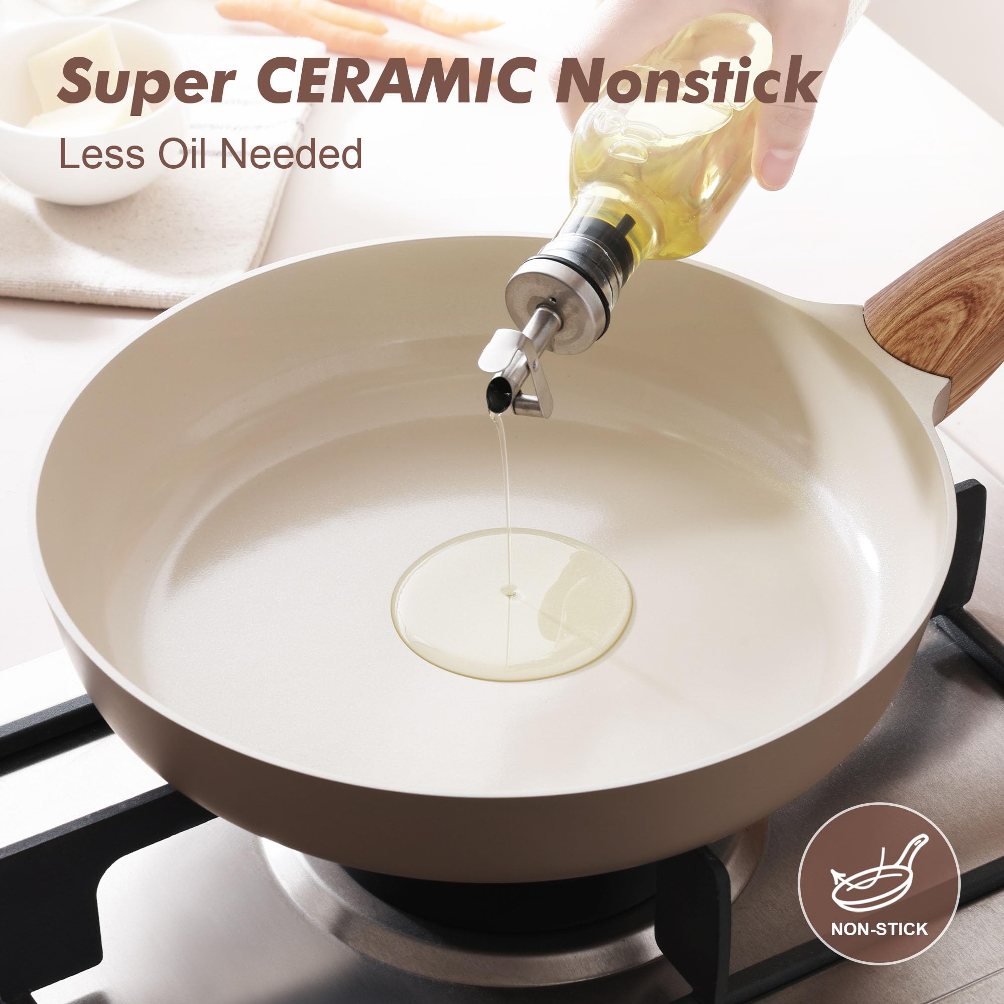SENSARTE Ceramic Nonstick Frying Pan Skillet with Lid, 8/9.5/11/12.5 Inch Non Stick Pan Wok, Healthy Kitchen Cooking Sauté Pans, Free of Intentionally Added PFOA/PFAS/PTFE, Induction Compatible, Taupe