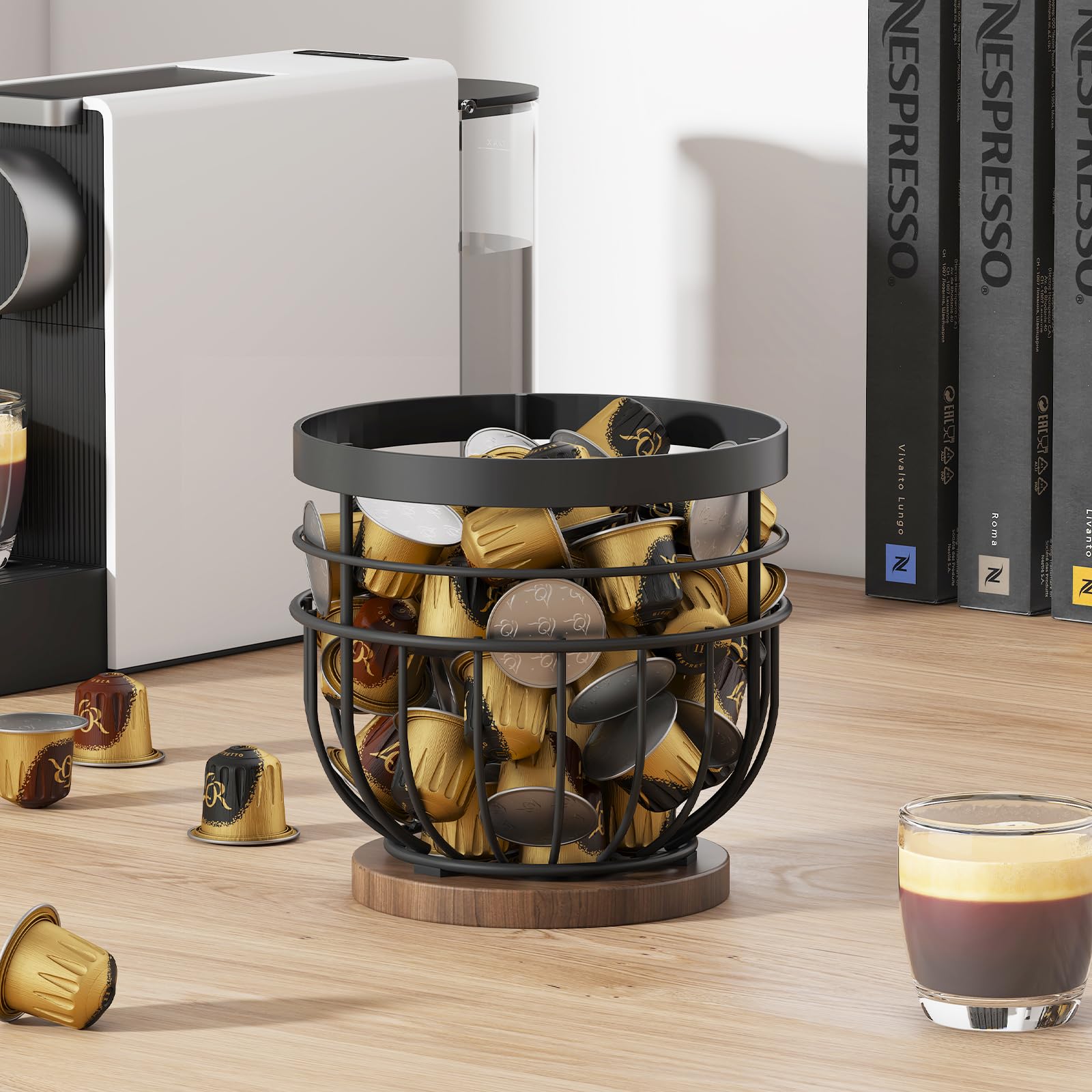 SODSAI Coffee Pod Holder with Wooden Base, Metal Wire Basket K-Cup Organizer, Black Iron, Holds Up to 40 Pods