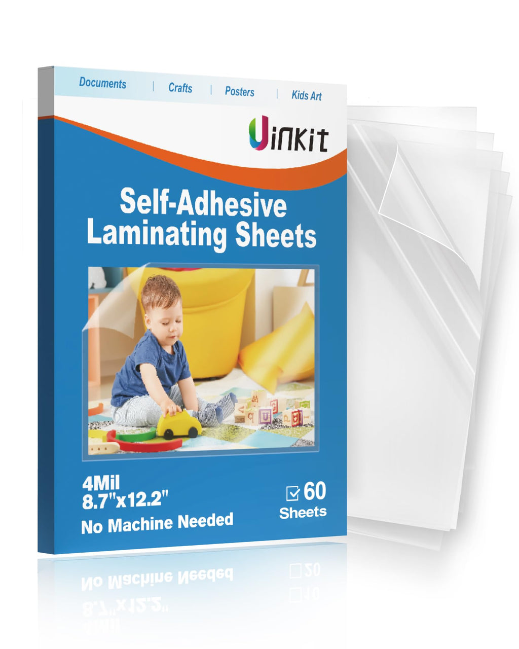 Uinkit Self-Adhesive Laminating Sheets, 4Mil 60 PCS 8.7 x 12.2 Inches Clear Self Sealing Laminating Sheets, Suitable for 8.5x11 inches Letter Size, No Machine Needed (8.7x12.2”-4Mil-60Sheets)