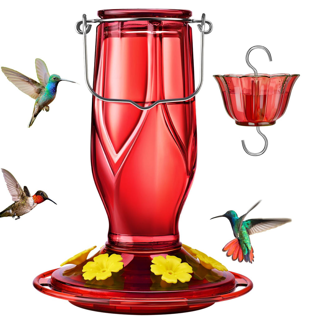 Kingsyard Glass Hummingbird Feeder 6 Feeding Ports, Hanging Bird Nectar Feeder 16 Ounces, Rustproof, Leakproof, Garden Backyard Decor, Ant Moat Included, Deep Red