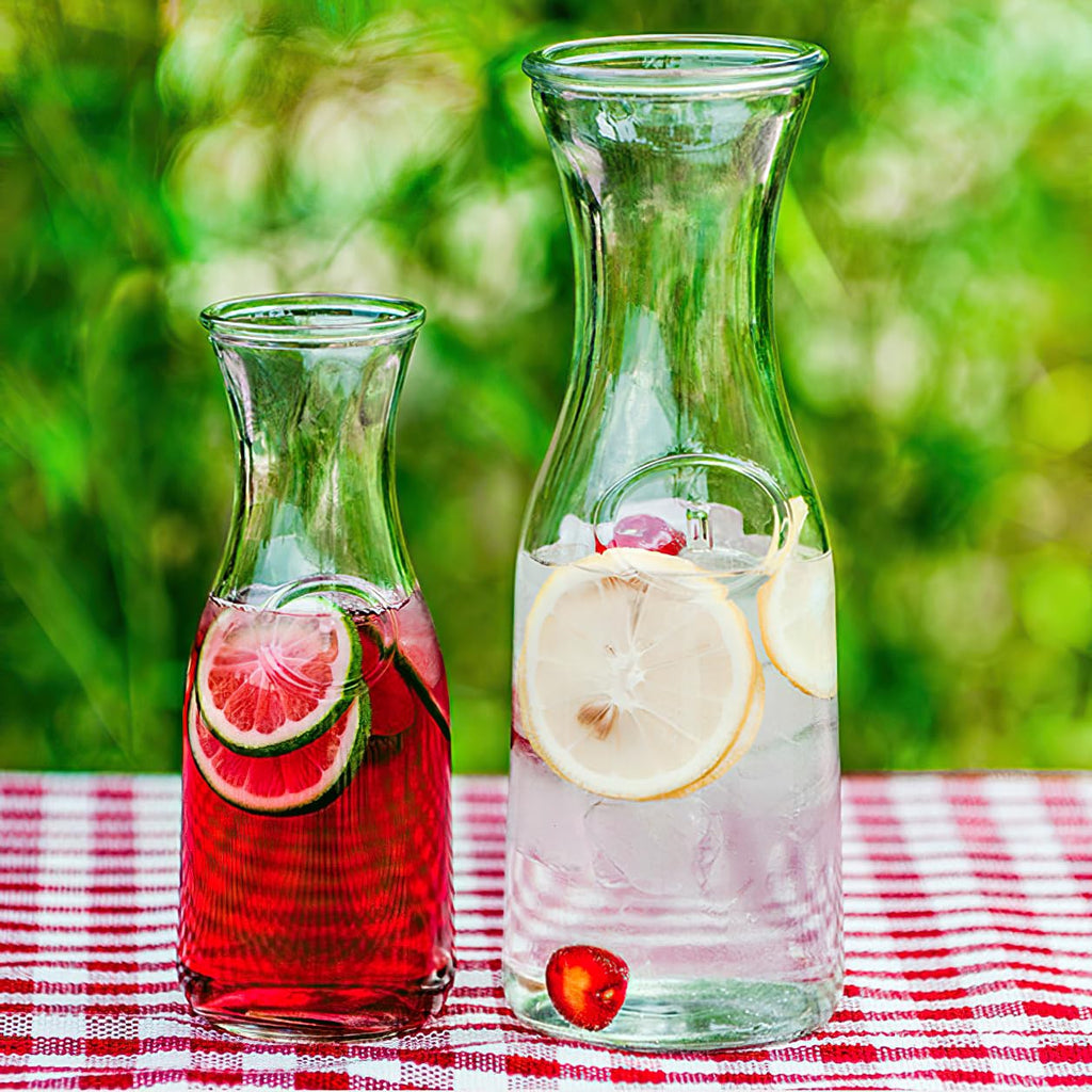 Kingrol 4 Pack Glass Pitchers, 34 Ounces/1 Liter Narrow Neck Glass Carafes for Water, Juicing, Iced Tea, Beverage, Wine, Mimosa Bar Supplies