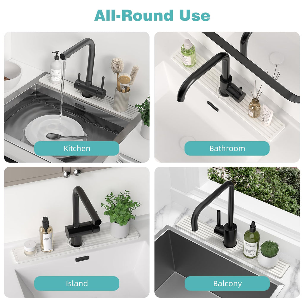 Diatomite Faucet Mat for Kitchen Sink with Raised Pads & Cleaning Brush, Super Absorbent Fast Drying Stone Sink Tray, Splash Guard Protector Mat for Bathroom Counter (White, 23.6" x 3.9")