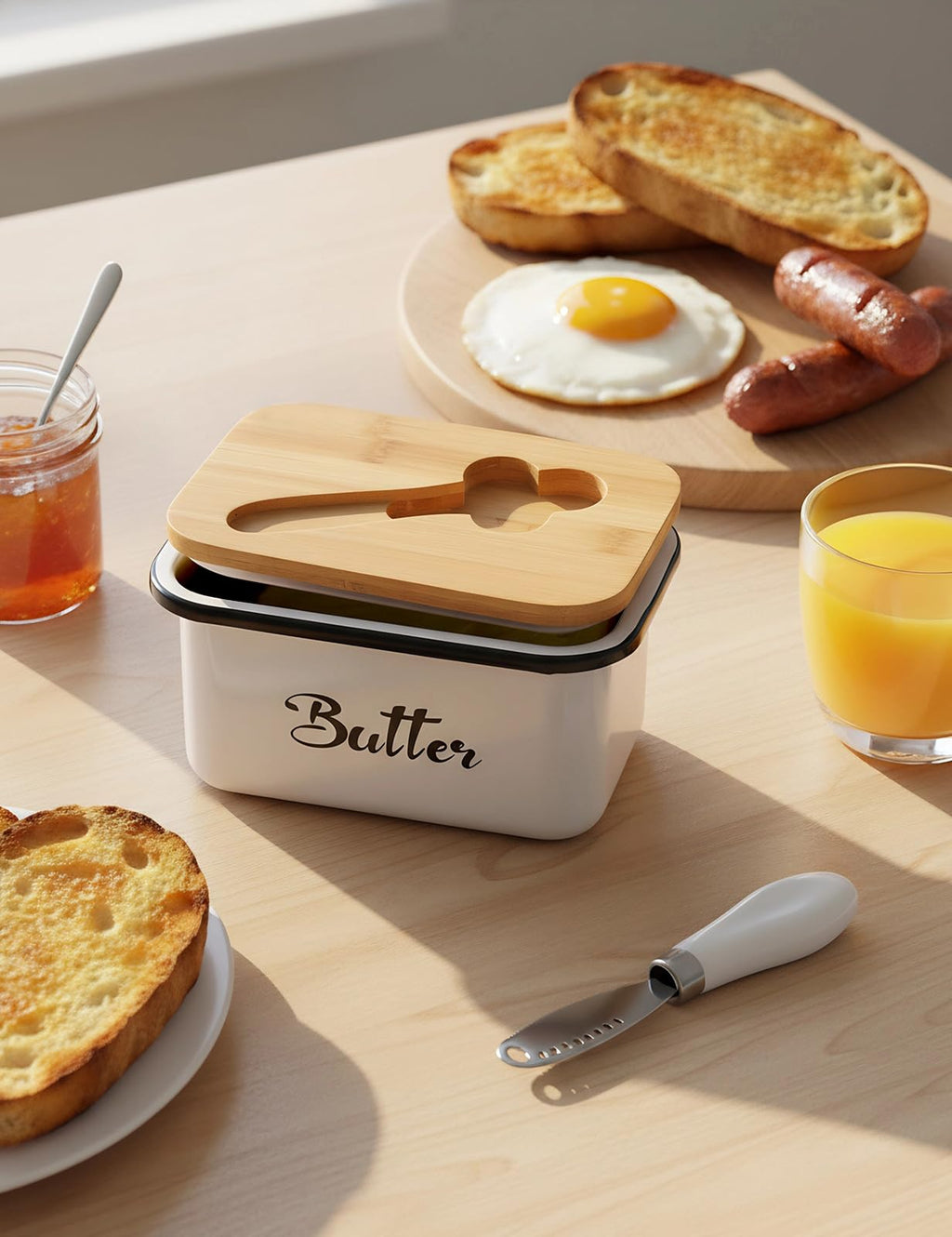 Butter Dish with Lid: Metal Beurrier Butter Dish for 1 LB of Canadian Butter - Airtight Large Capacity Butter Keeper Butter Container with Knife - Butter Holder for Countertop - White