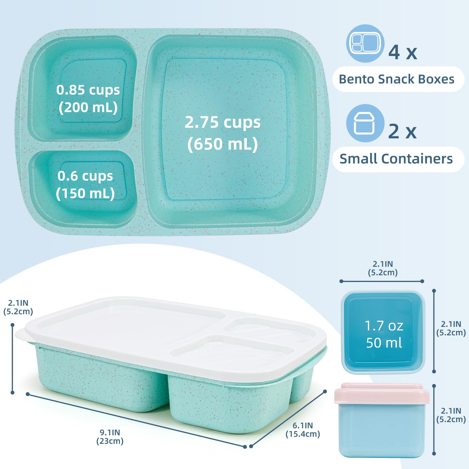 Caperci Bento Lunch Box Containers for Adults & Kids - 3-Compartment Reusable Meal Prep Containers with 2 Sauce Containers for School, Work, Travel, Wheat Straw, 4-Pack (Vintage Colors)