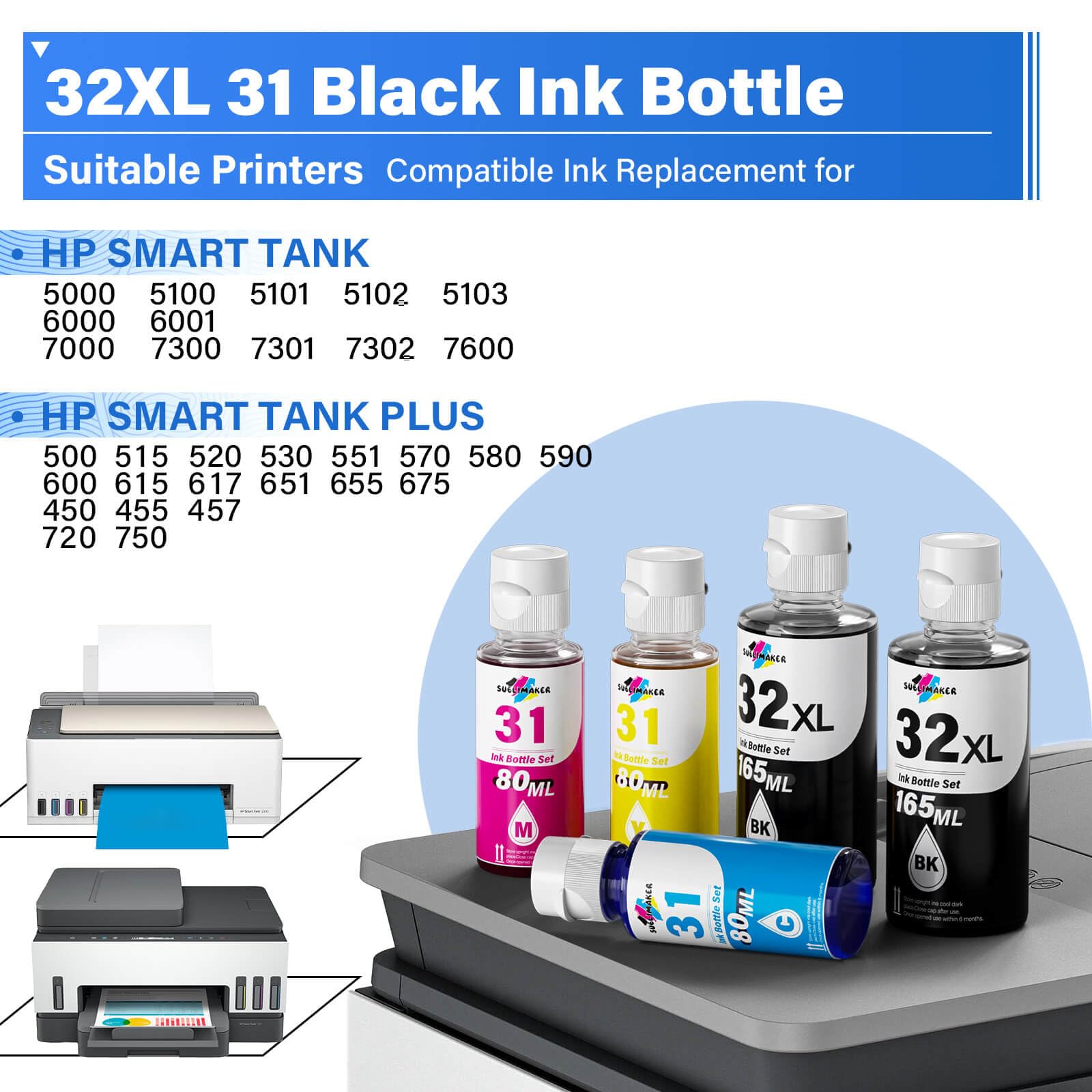 32XL Black Ink Bottle, 31 Ink Bottle Set Compatible Replacement for HP Smart Tank 6001 5101 7301 7602 5000 5103 7300 Ink Refill, 31 32XL Ink Bottles Set for Smart Tank Plus 651 551 All-in-One Printer
