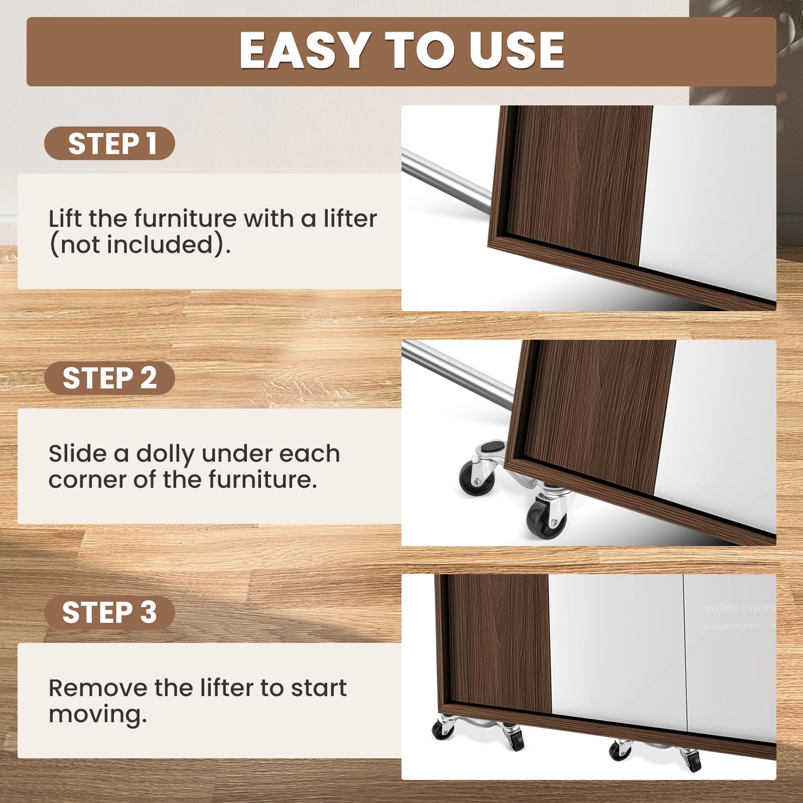 AMGSH 4 Pack 6-Inch Steel Tri-Dolly, 200 lbs Load Capacity Mover's Dolly, 3-Wheel Moving Casters for Easy Moving Cabinet Furniture and Appliances