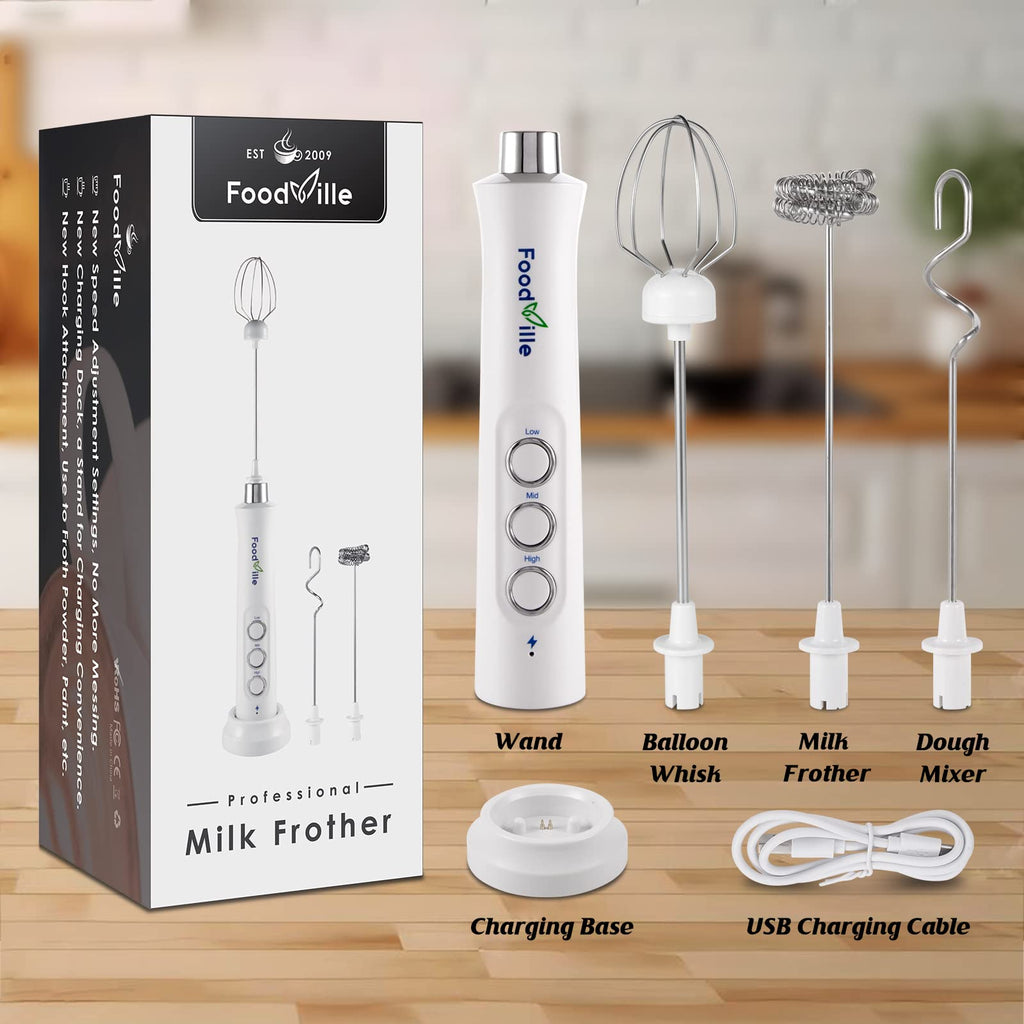 FoodVille MF09 3 in 1 Rechargeable Milk Frother Handheld with Charging Stand & 3 Stainless Steel Whisks (White Without Case)