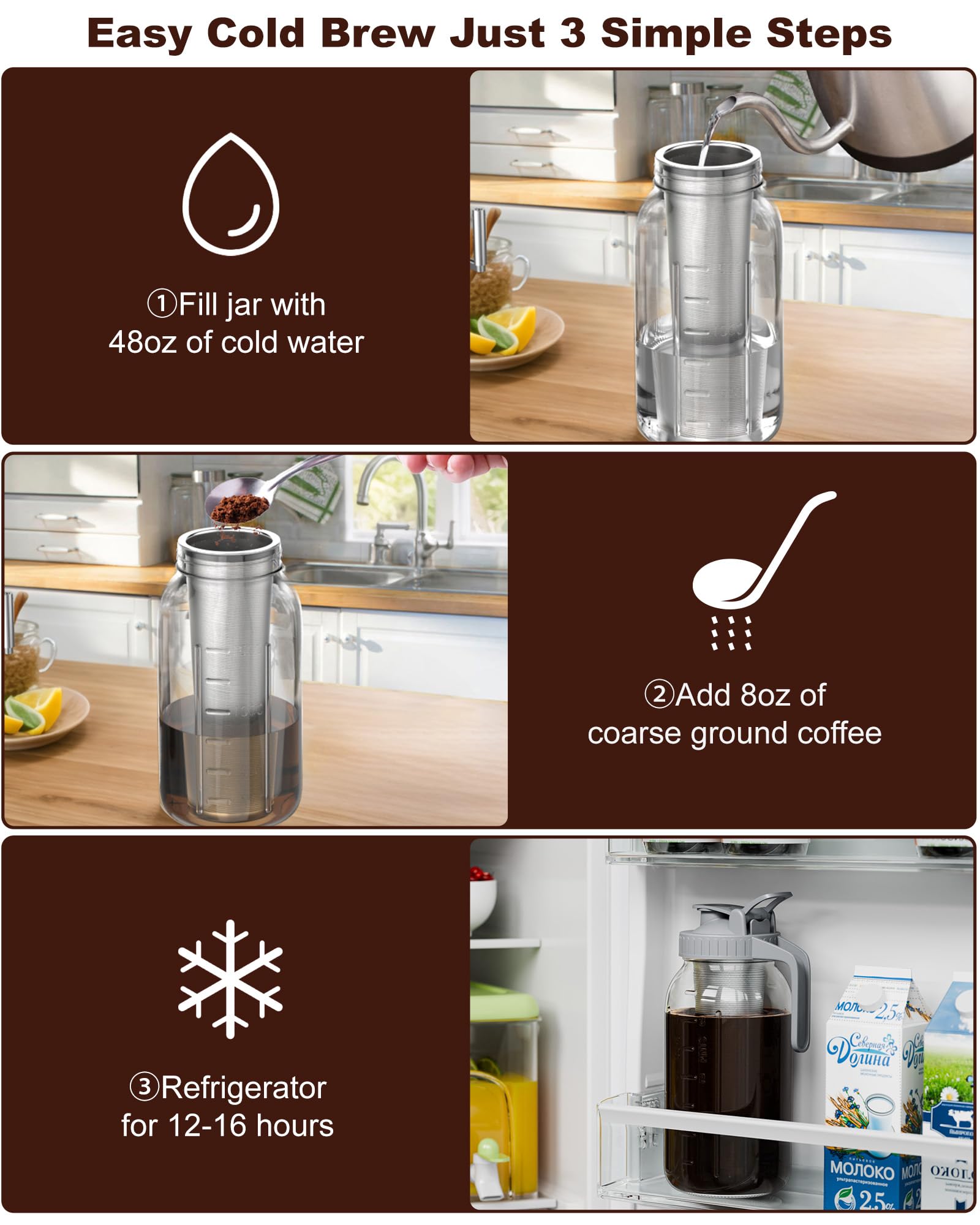 VA1KENE 64oz Cold Brew Coffee Maker with Stainless Steel Filter - Mason Jar Pitcher With Lid and Spout, No Leaks Iced Coffee Maker for Coffee, Ice Tea, Lemonade and Cold Brew
