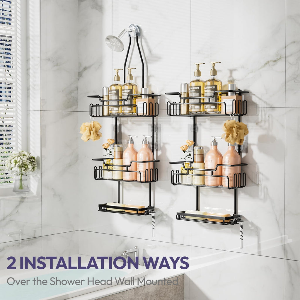SWTYMIKI Shower Caddy Hanging - 3 Tier Rustproof Hanging Shower Organizer, No Drilling Bathroom Shower Shelves with 16 Hooks & Soap Holder, Anti-Swing Over Head Shower Rack for Shampoo,Sponge,Towel
