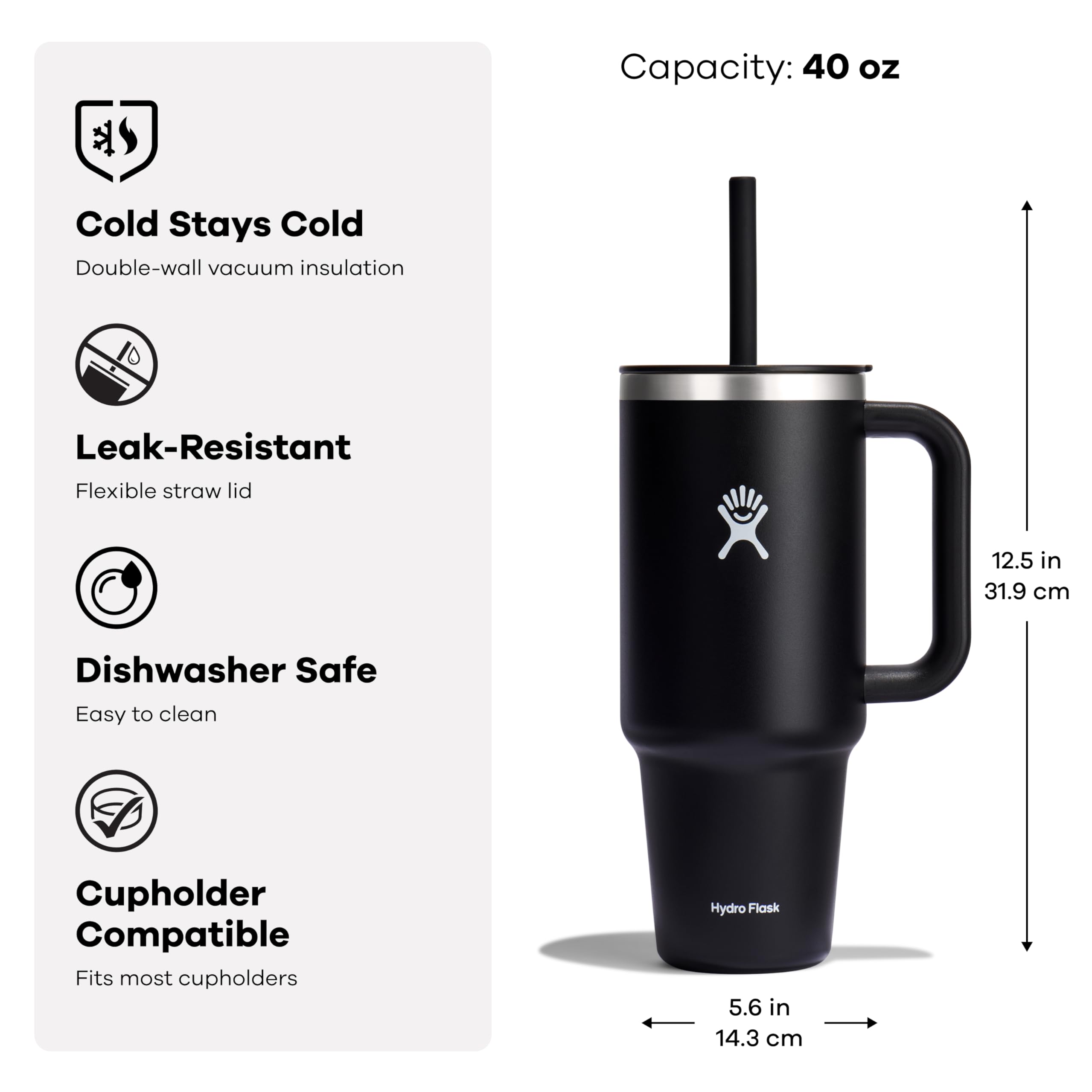Hydro Flask 40 Oz All Around Stainless Steel Travel Tumbler with Leak Resistant Flexible Straw Press-in Lid, Black Cherry Rose Gold