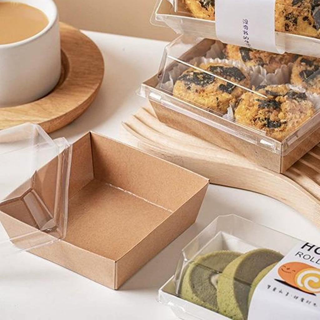 Zentriqlla 100 Pack Charcuterie Boxes with Clear Lids, Disposable Bakery Dessert Containers, Kraft Bakery Box with Twine & Stickers for Sandwich, Snacks, Cakes, Weddings, Strawberries, 5"x5"x2.6"