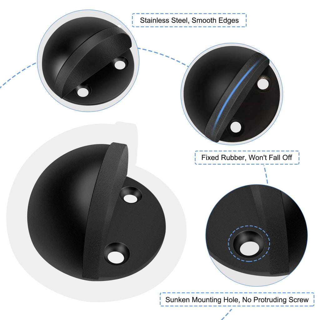 6 Pack Door Stoppers Self Adhesive Floor Door Stop No Drill Black Rubber Bumper Doorstop Wall Protector, Stainless Steel Dome Shaped