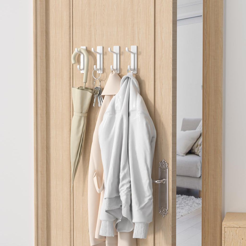 Self Adhesive Hooks, Heavy Duty Stainless Steel, Extra Sticky 6KG (MAX), Stick On Wall and Door Hooks for Hanging, Bathroom Towel and Coat Hooks, White, 4 Pack