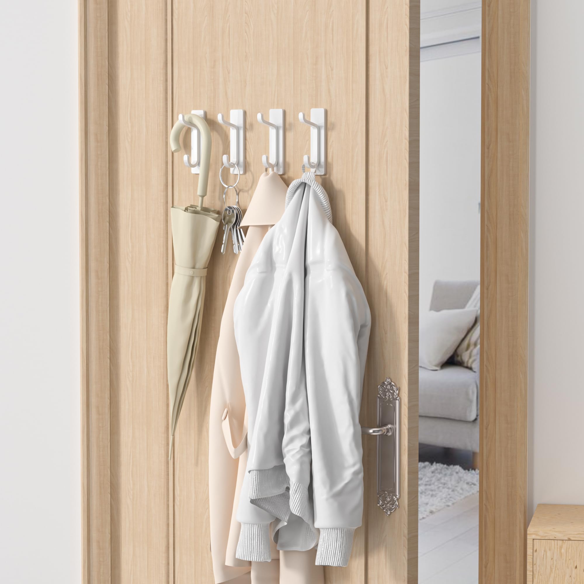 Self Adhesive Hooks, Heavy Duty Stainless Steel, Extra Sticky 6KG (MAX), Stick On Wall and Door Hooks for Hanging, Bathroom Towel and Coat Hooks, White, 4 Pack