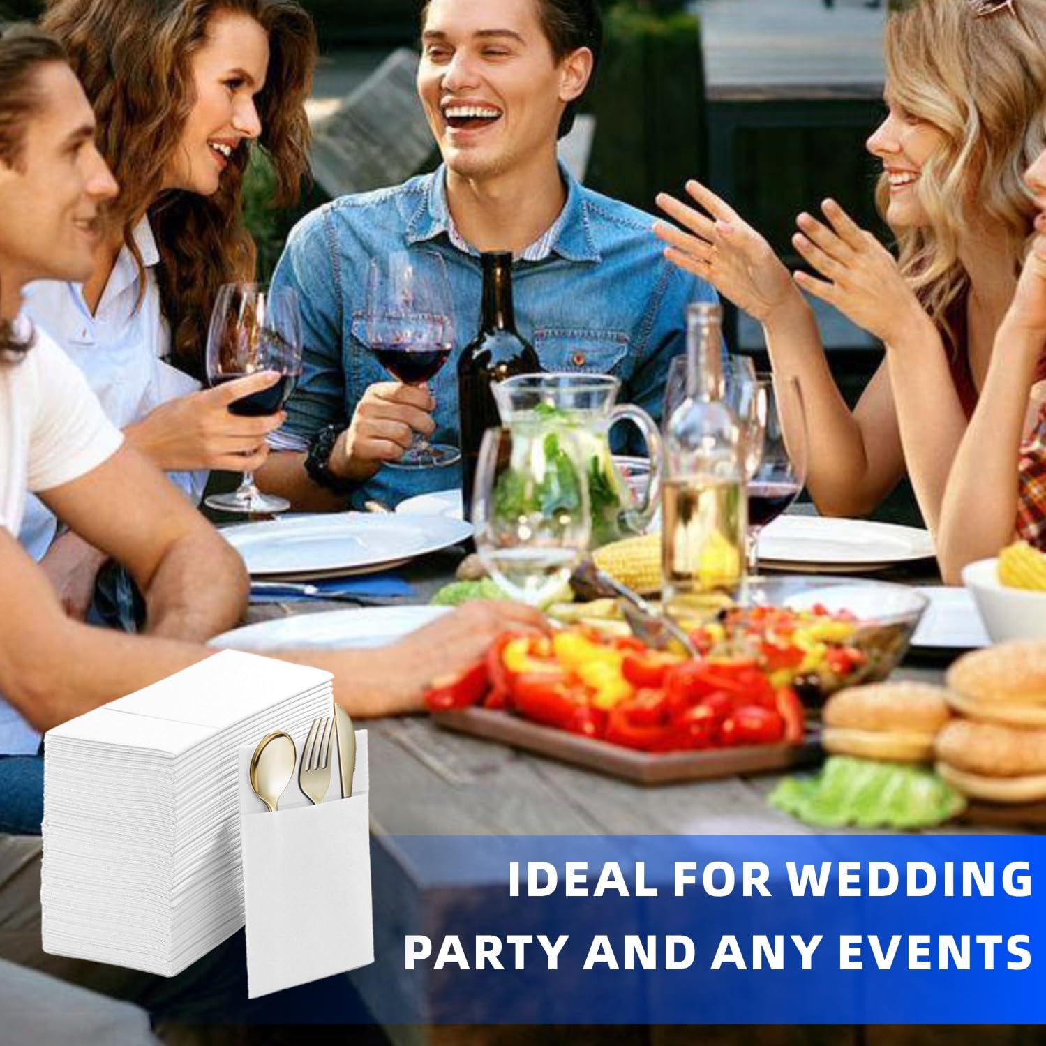 Disposable Dinner Napkins With Built-in Flatware Pocket, Pre folded Party Napkins For Silverware, Linen Feel Napkins Luxury And Elegant For Wedding Party Events, White, Total 50 Count