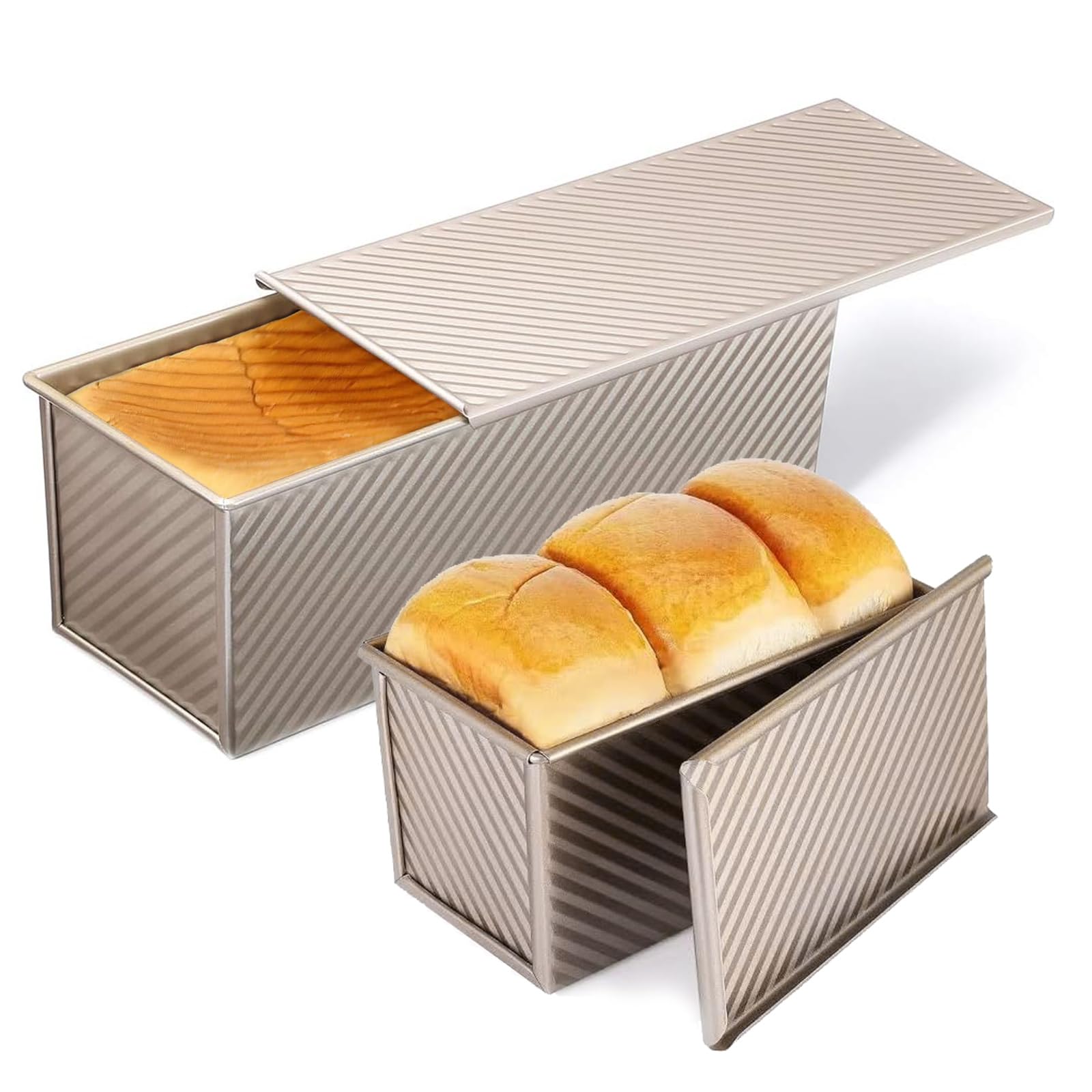 PADELE 2 Pack Pullman Loaf Pan with Lid, 13x4 & 9x4 inch (2.2 lb & 1 lb Dough Capacity), Non-Stick Sandwich Bread Loaf Pan for Homemade Baking Bread, Gold