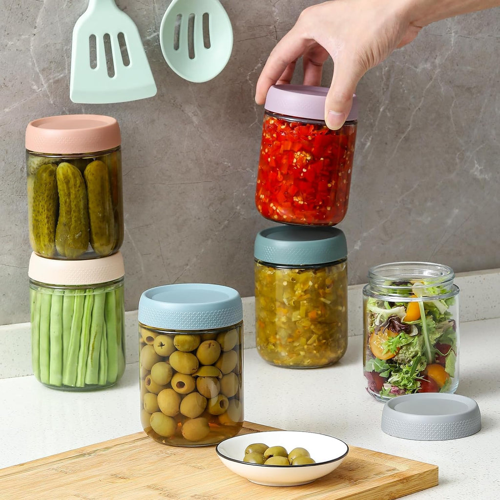 ALINK 4-pack 16 oz Overnight Oats Containers with Lids, Glass jars with Airtight Lids, Wide mouth Mason Salad jars, Glass Food Storage Containers for Snacks Yogurt Spice Sugar
