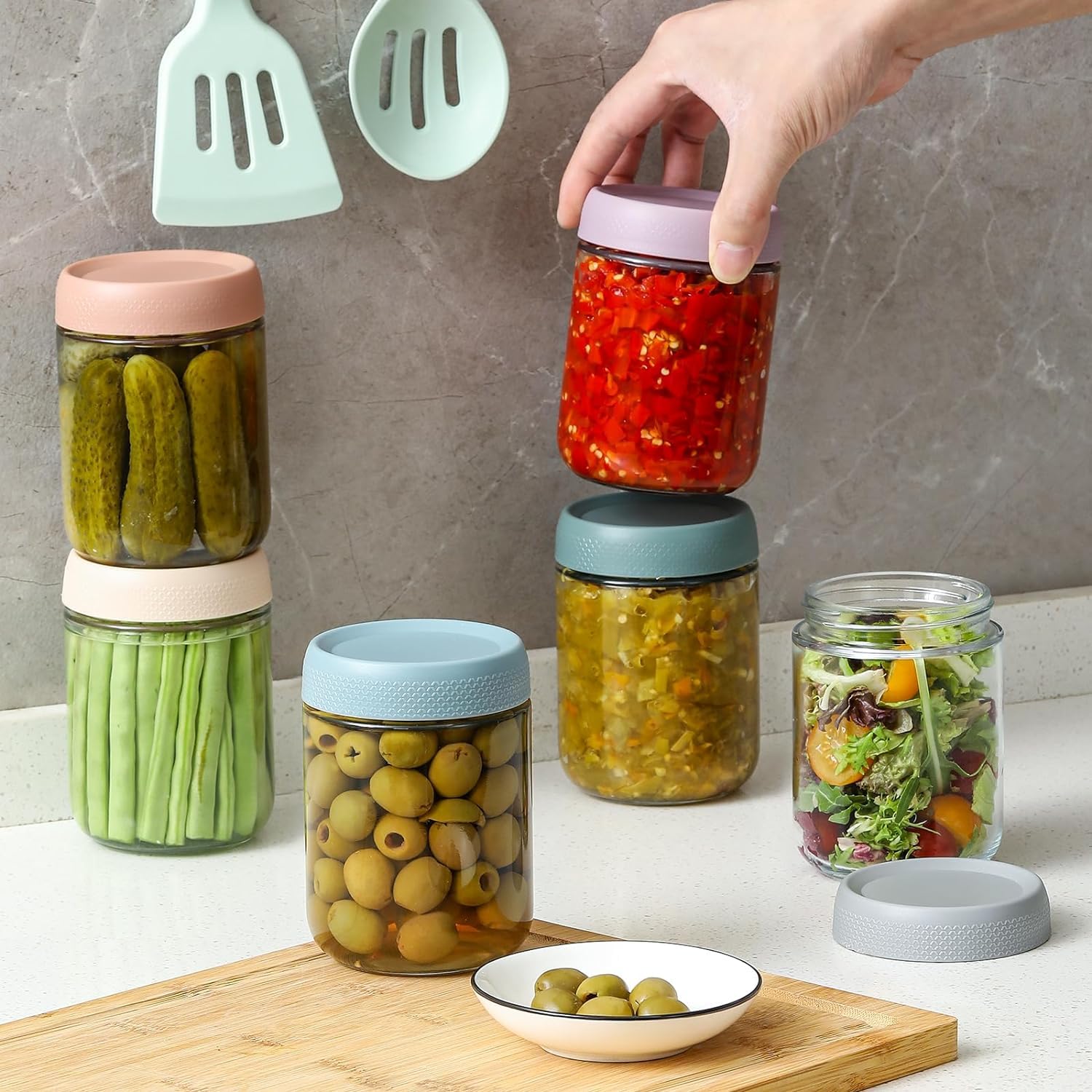 ALINK 4-pack 16 oz Overnight Oats Containers with Lids, Glass jars with Airtight Lids, Wide mouth Mason Salad jars, Glass Food Storage Containers for Snacks Yogurt Spice Sugar