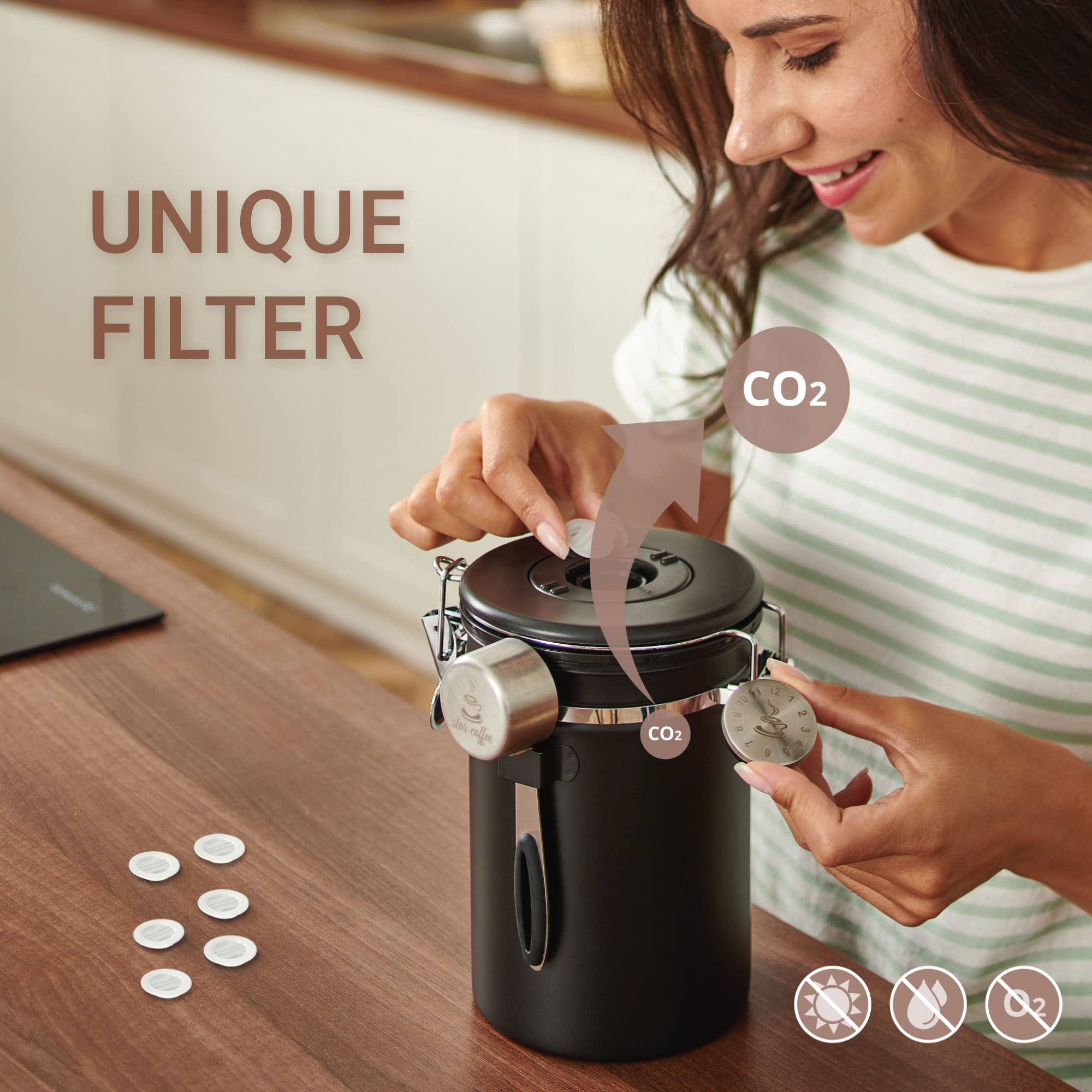 Coffee Canister Airtight Coffee Container - Stainless Steel Coffee Storage for Beans, Grounds, Tea, Sugar - Coffee Containers with Date Tracker, Scoop, CO2 Valve Filters, Medium Coffee Jar 16oz, Black