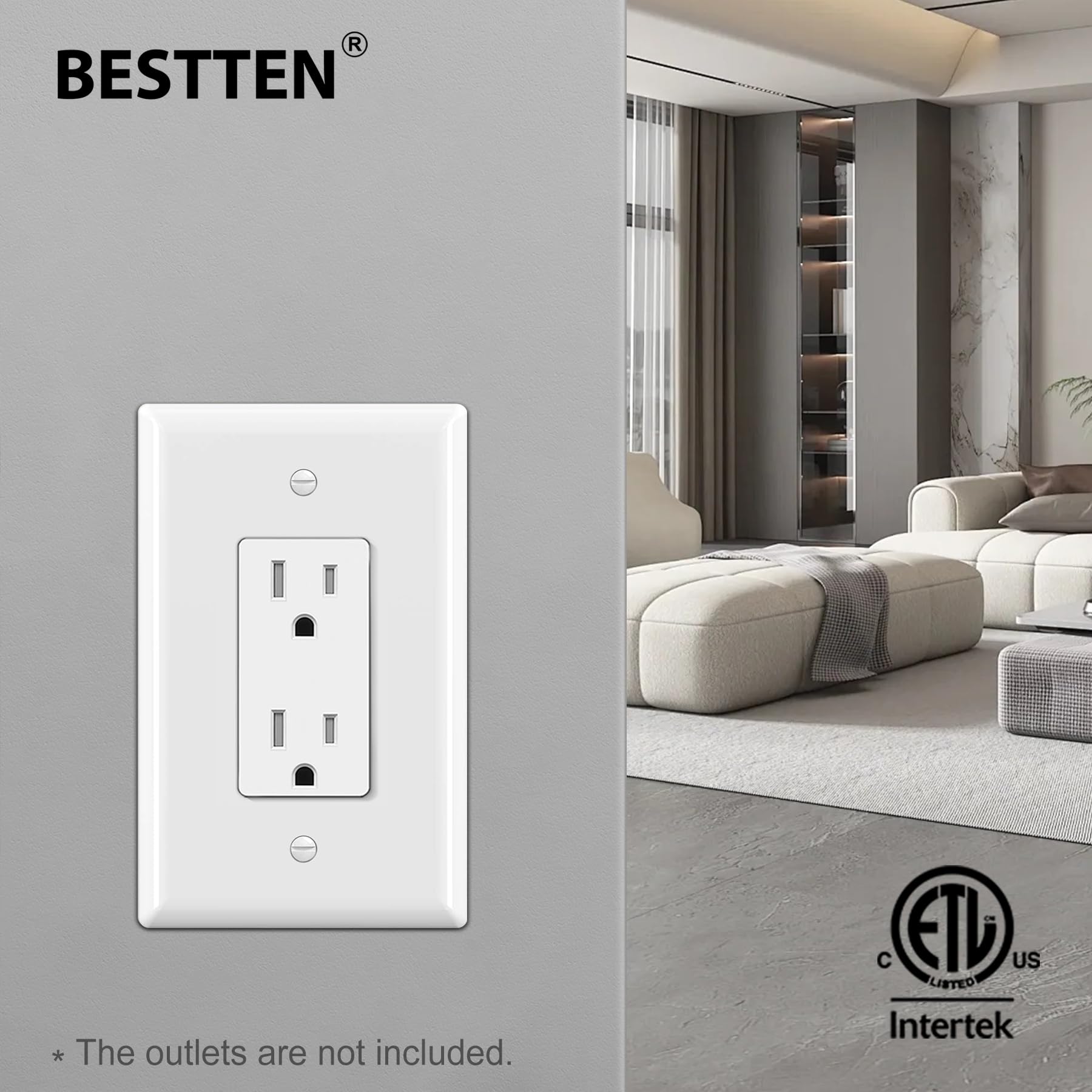 BESTTEN 10 Pack 1-Gang Oversize Decorator Wall Plate, Jumbo Decor Receptacle Outlet Cover, Unbreakable Polycarbonate Oversized Light Switch Cover, cETL Listed Single Large Faceplate, White