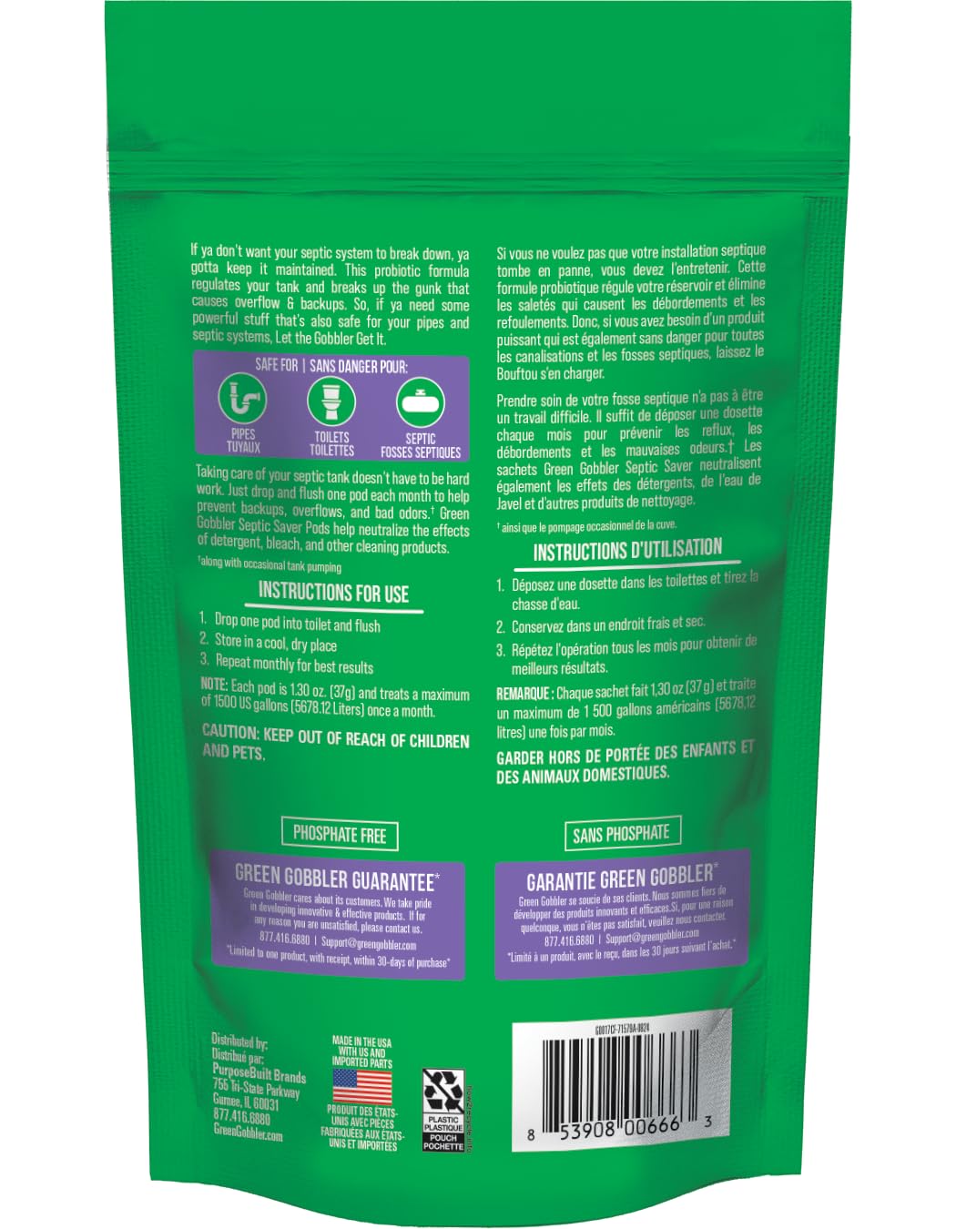 Green Gobbler Septic Saver Bacteria Enzyme Pacs | 6 Month Septic Tank Supply | Septic Tank Teatment Packets
