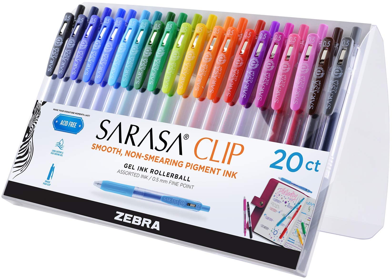 Zebra Pen SARASA Clip Retractable Gel Pen, 0.5mm Fine Point, Rainbow Assorted Vibrant Ink Colour, Water-Based, Ideal for Office and School, Journal, Note Taking and Planner Use, 20-Pack (47220)