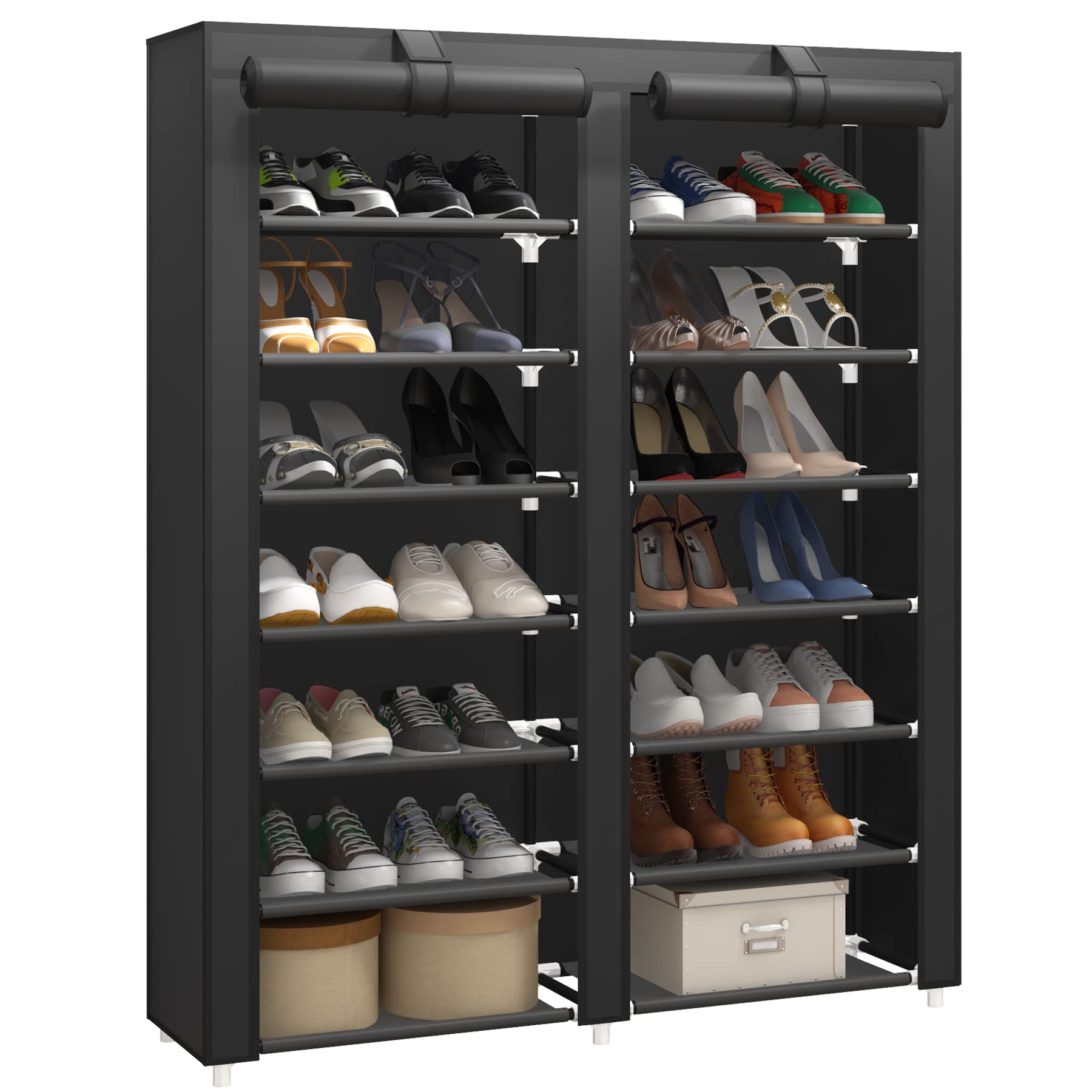 JIUYOTREE 7 Tier Shoe Rack Storage Organizer with Big Capacity,Double Row Shoe Cabinet,Shelf,Closet with Nonwoven Fabric Cover,Black