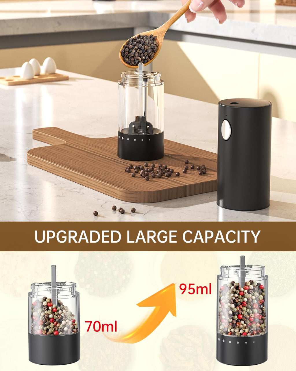 CIRCLE JOY Electric Salt and Pepper Grinder Set with 6 Levels External Adjustable Coarseness, Dustproof Storage Base, Automatic Pepper Mill Shakers Set for Kitchen, White LED Light, Black