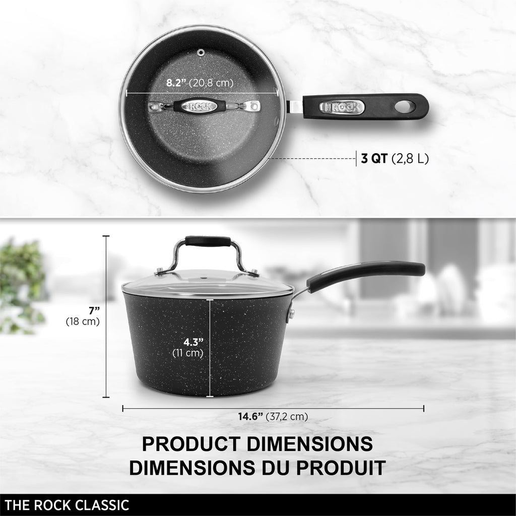 Starfrit The Rock 2.8L (3Qt) Non-Stick Saucepan - Durable Forged Aluminum - Oven Safe - PFOA Free - Easy to Clean - Black