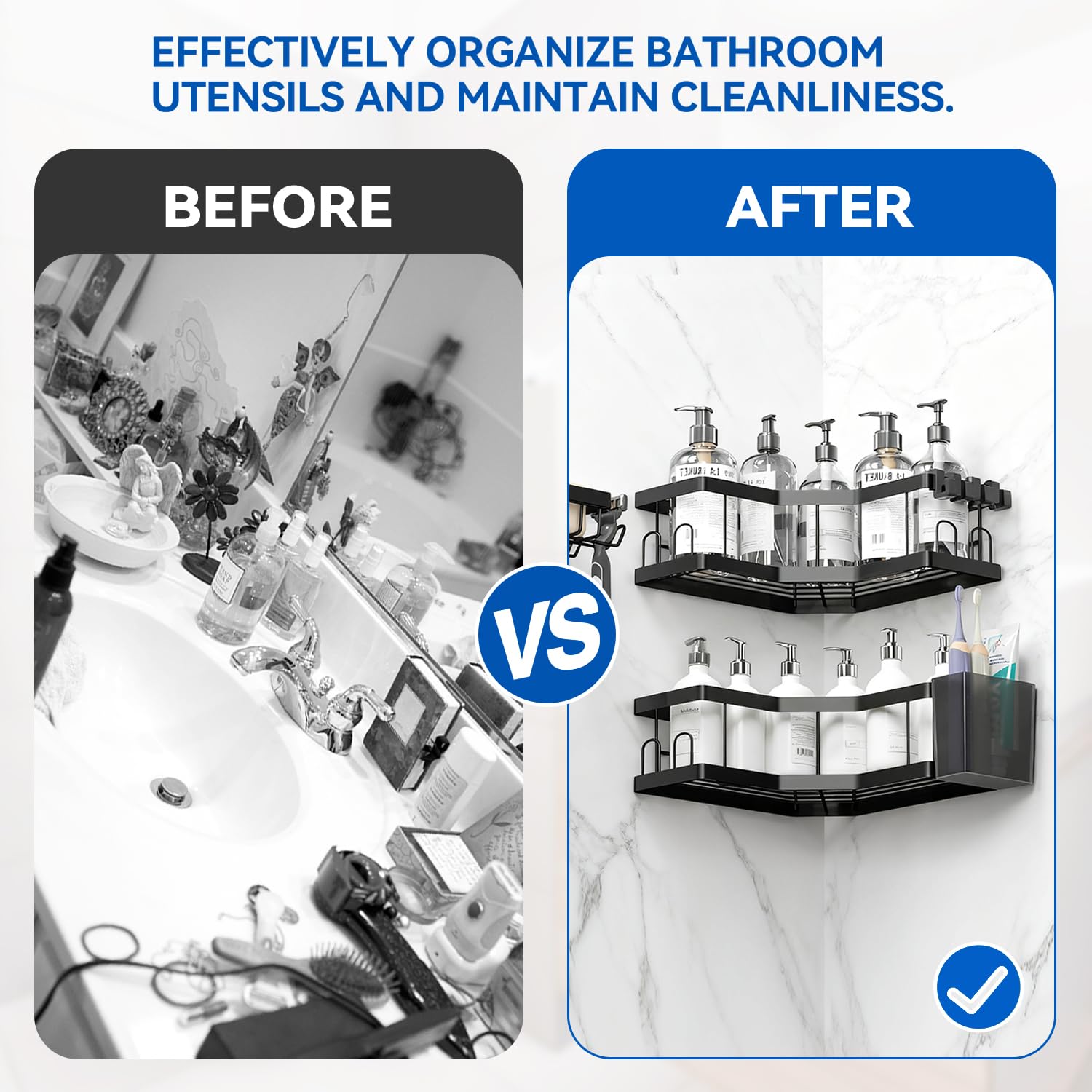Shower Caddy, 4 Pack Black Bathroom Shelves, Adhesive Shelf Storage No Drilling, Carbon Steel Shower Organiser, Rust-Resistant Caddy Corner, Soap Holder, Bathroom Accessory