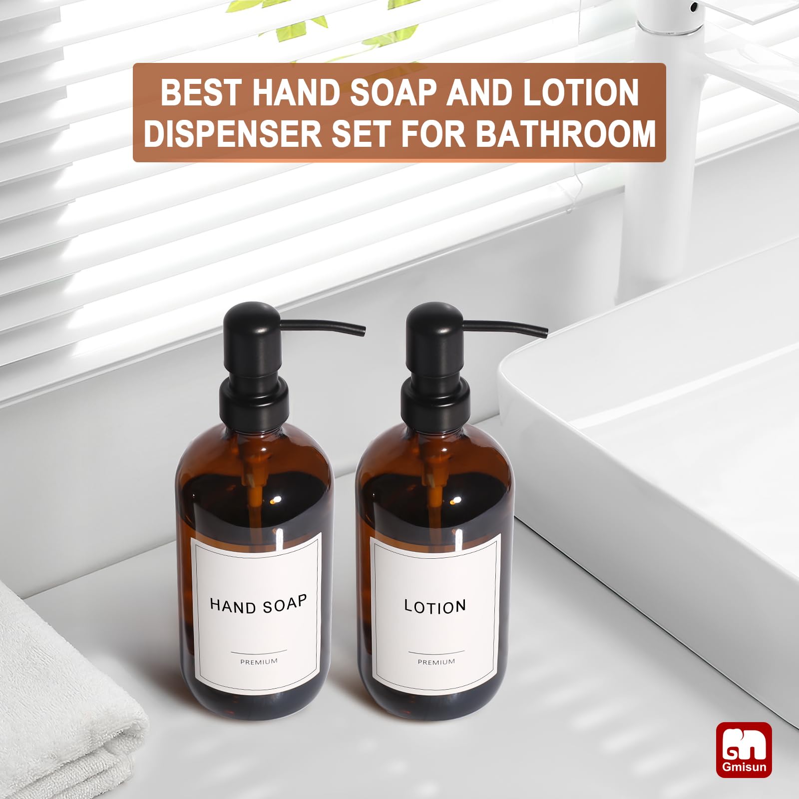 GMISUN Soap Dispenser, 2 Pack Bathroom Hand Soap Dispenser with Rustproof Stainless Steel Pump, Amber Glass Dish Soap Dispenser Set for kitchen, Hand and Dish Soap Dispensers Sets, Liquid Soap Bottles