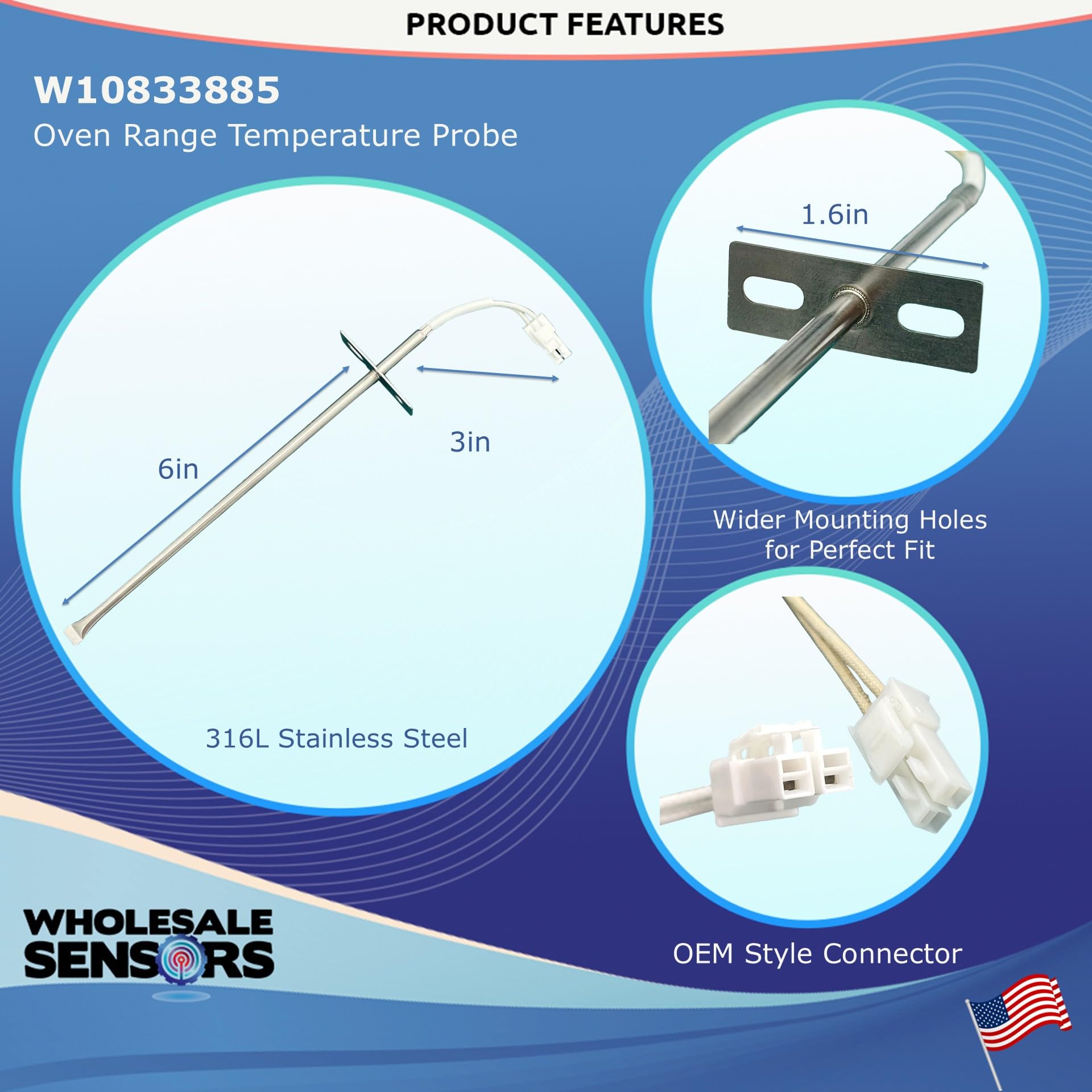 Whirlpool W10833885 or W10586204 Replacement Oven Temperature Sensor 12 Month Warranty