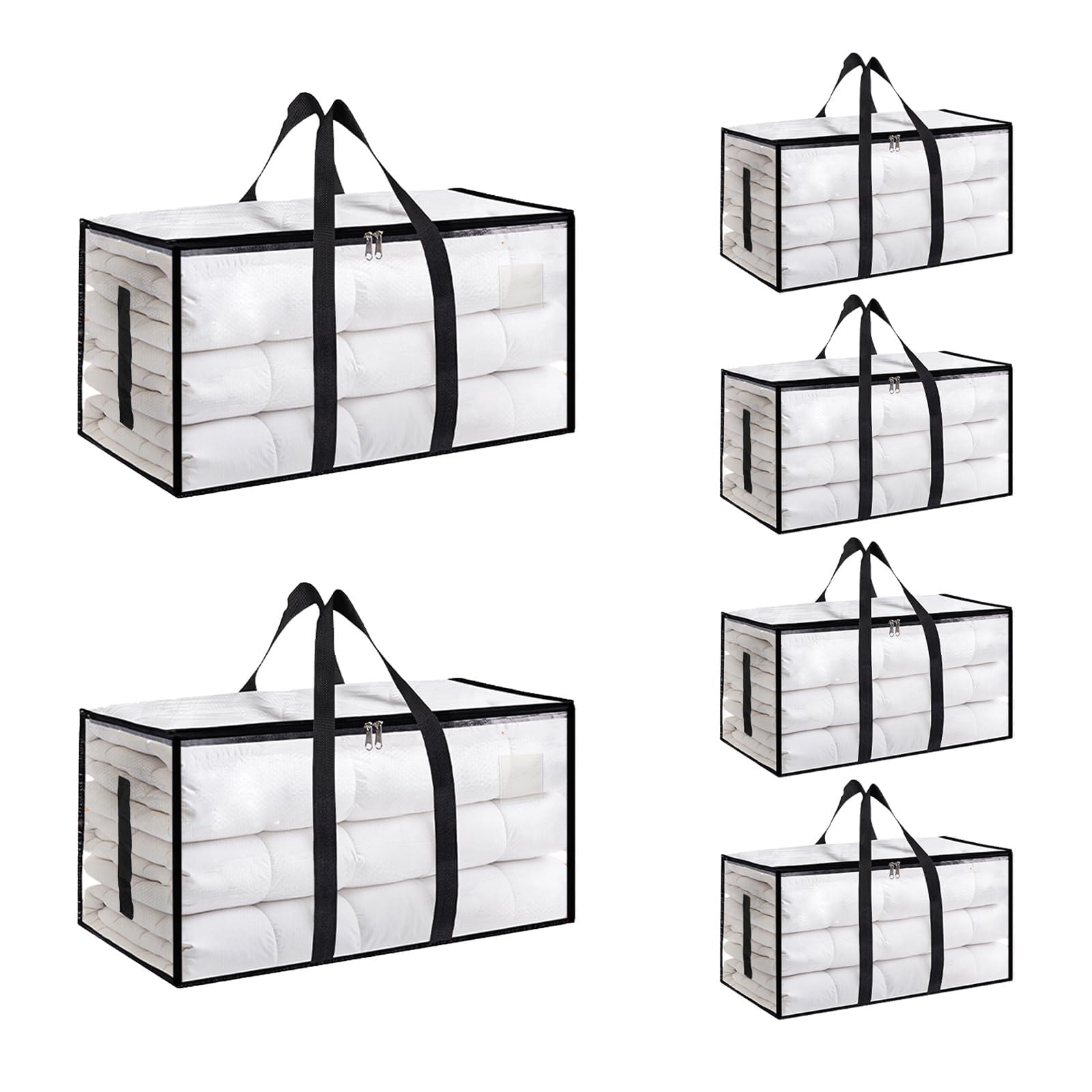 6 Pack-Extra Large Heavy Duty Moving Bags - Waterproof Storage Totes with Handles & Zippers, Foldable for College Dorm, Storage (Clear)