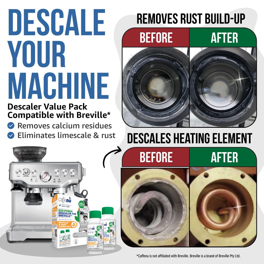 Caffenu Descaler Compatible with Breville. 2 Bottles of Solution. Descaling Kit Removes Limescale For Hotter Coffee. 4 Uses Descaler For Breville Coffee Machines.