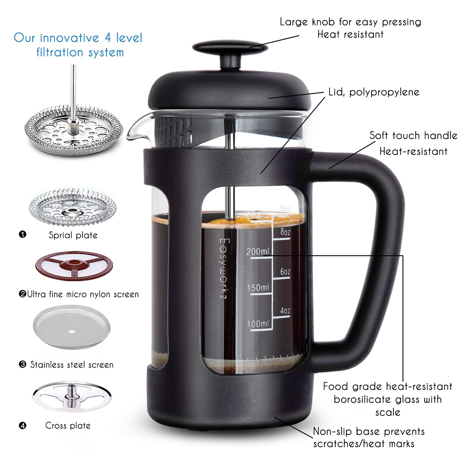 Easyworkz French Press 350ml Coffee Tea Maker with Borosilicate Glass,Soft Grip Handle