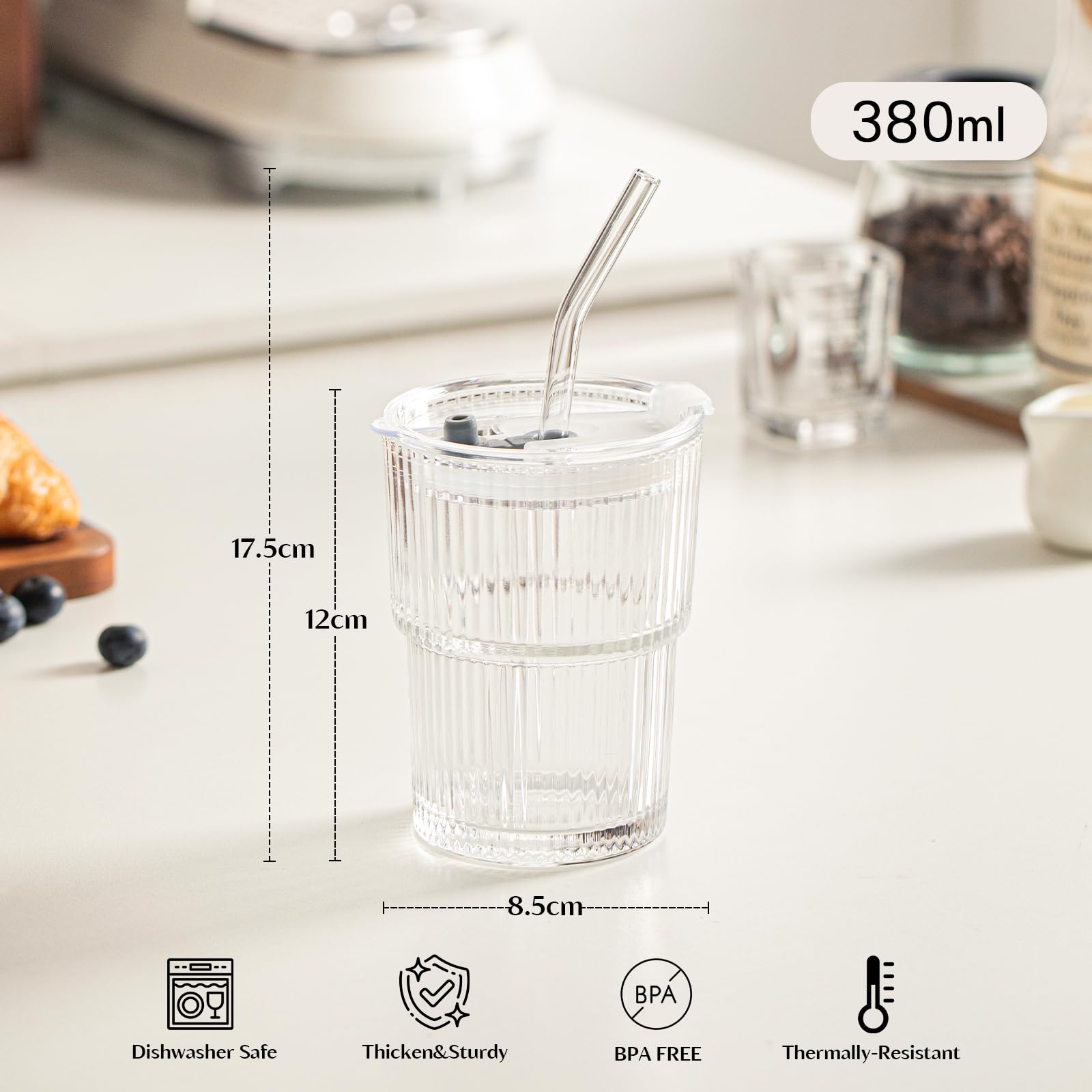 INSETLAN 13oz Glass Tumbler with Lid and Straw 2 Pack - Ribbed Glass Cup Iced Coffee Glasses, Clear Leakproof Tumbler Cup for Smoothies, Iced Latte,Matcha, Cold Drinks (2)