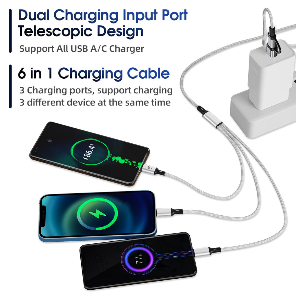 6 in 1 Multi Charging Cable [3Pack 4FT] Nylon Braided Multi Fast Charging Cord USB A/C to Phone USB C/Micro USB/i-P Connector Universal Multiple Phone Charger