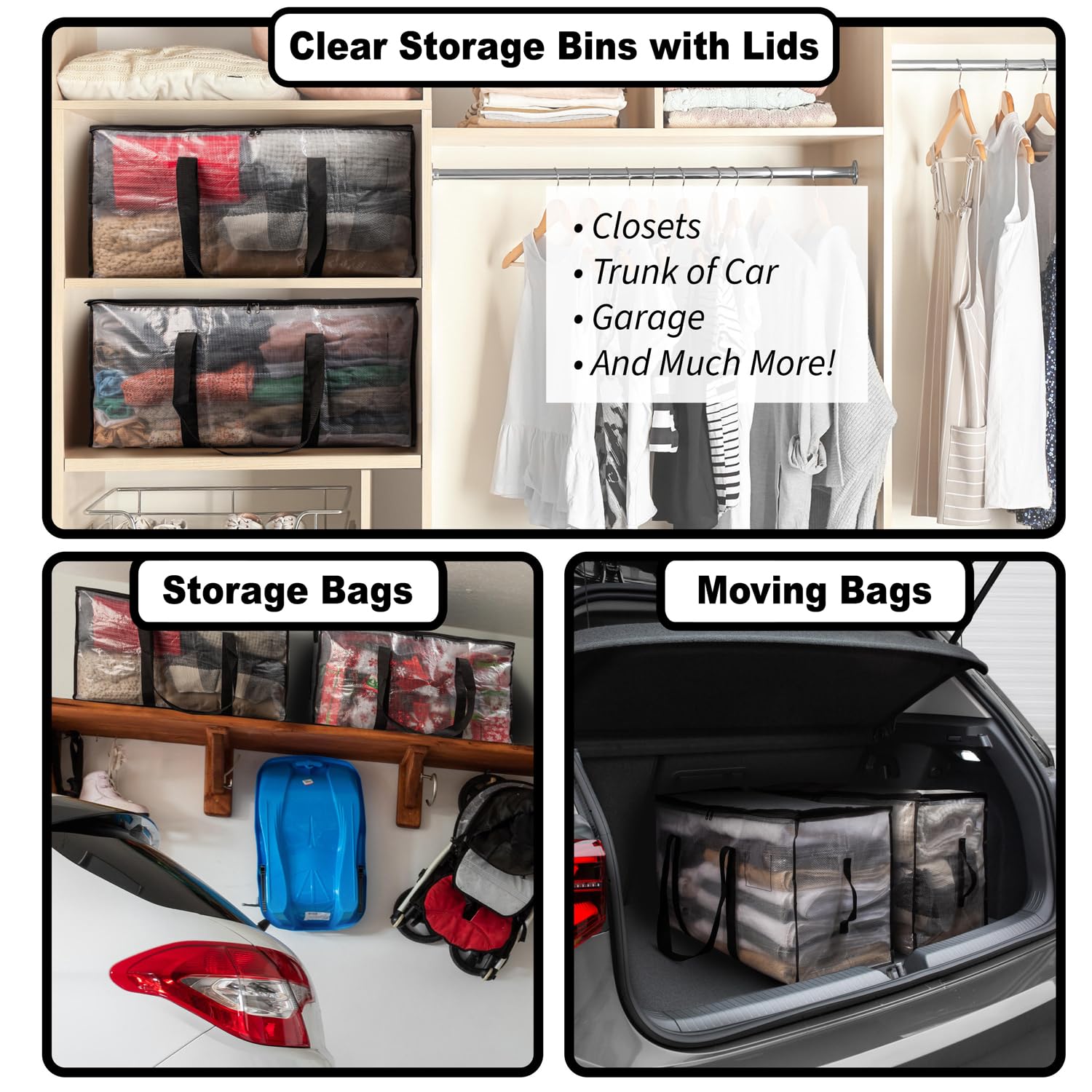 ClearSpace Oversized Moving Bags or Storage Bag – Large Moving Boxes with Backpack Straps, Zippers & Handles – Heavy-Duty Packing Bags for College Dorm, Christmas Decorations, 4 Pack